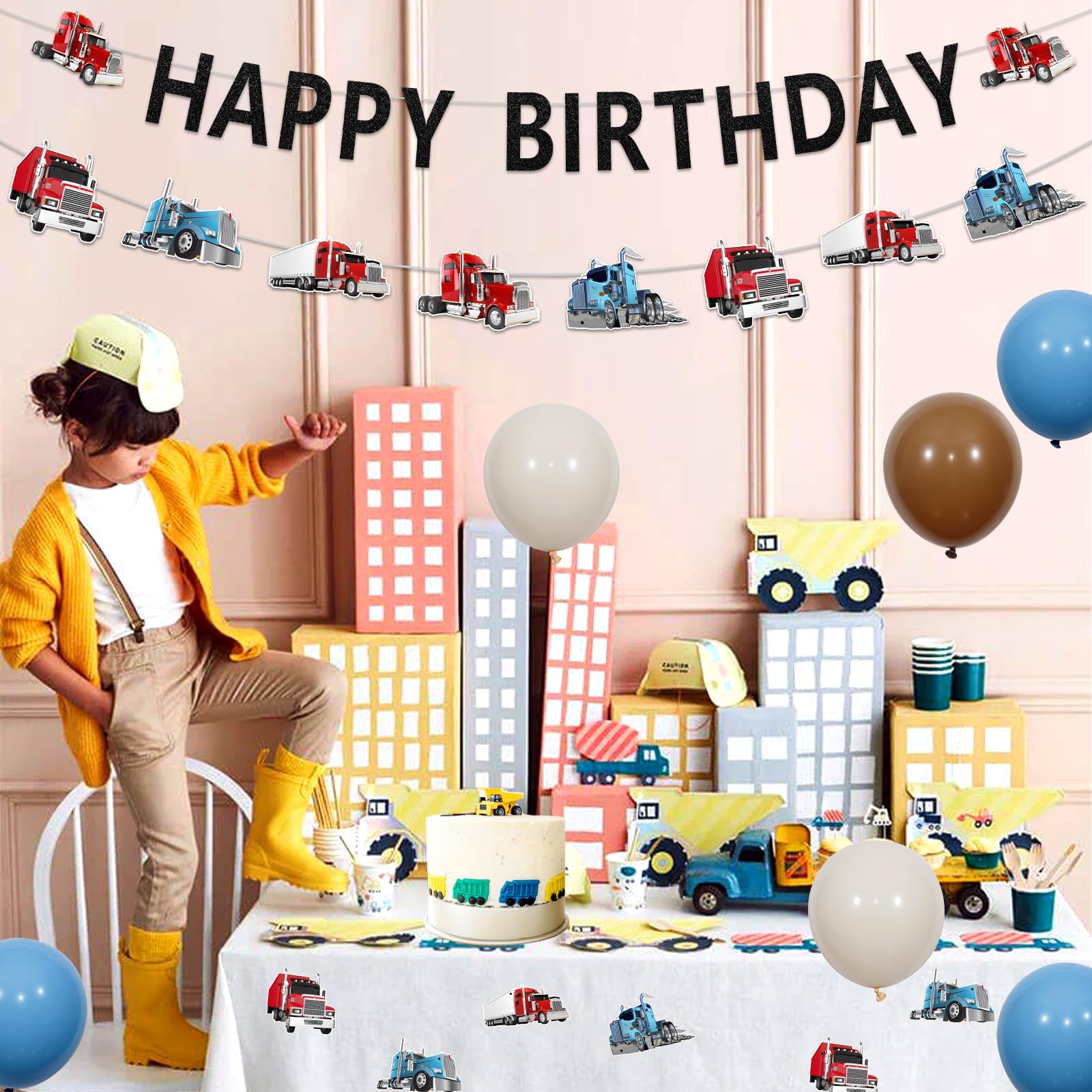 Heavy Truck Construction Birthday Banner Garland - Happy Birthday Banner for Boys Girls, Semi Truck Party Decor for Transportation Theme Birthday Party, Baby Shower & Construction Celebration