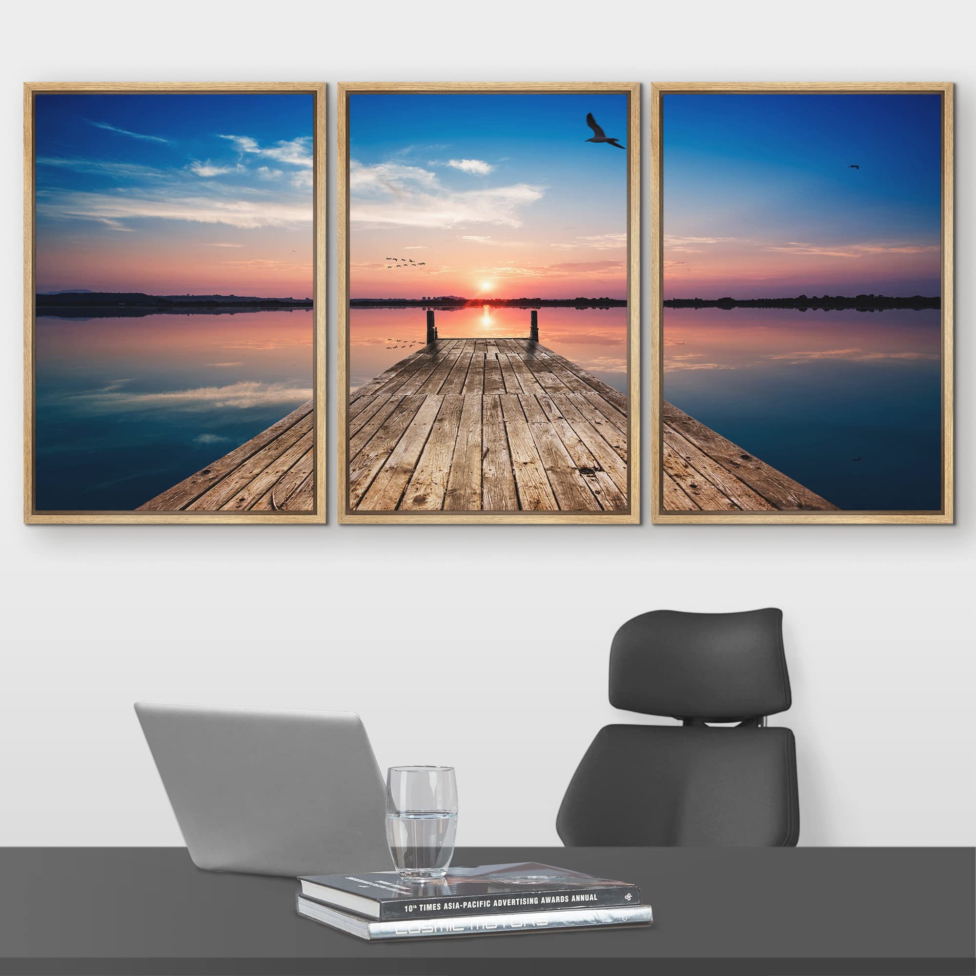 Wall26 Wooden Pier at Sunset Framed Canvas Wall Art - 24x36 Inches, Natural Wood Frame, Coastal Home Decor for Living Room, Bedroom & Office
