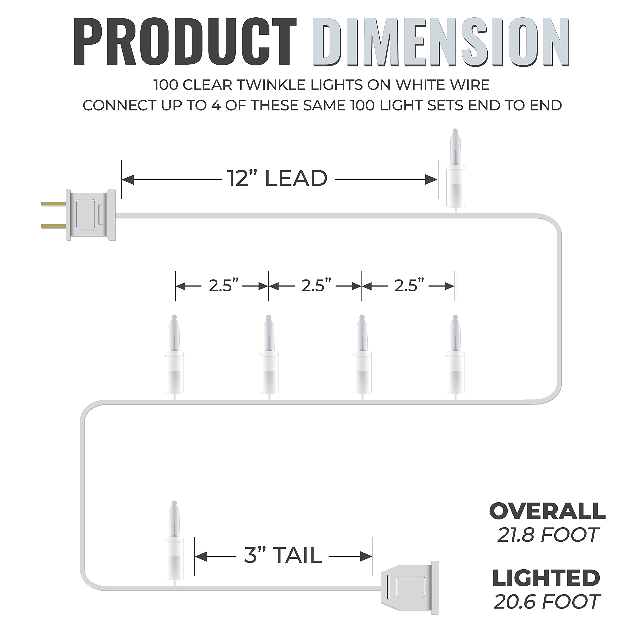 612 Vermont 100 Clear Christmas Twinkle Lights on White Wire - 12 Twinkling Bulbs, Indoor/Outdoor Holiday Decor, Connect Up to 4 Sets (20.6' Lighted Length) - Perfect for Christmas Trees, Wreaths, and Home Exterior Decoration