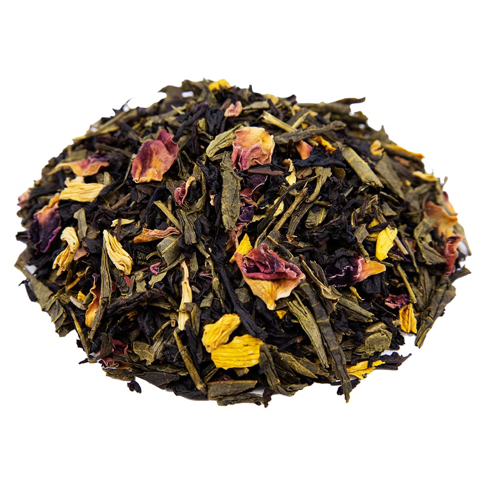 Whistling Kettle Peach Rose Green Tea - Fruity Floral Flavored Loose Leaf Tea with Natural Peach & Rose Petals - 4oz (80 Servings) - Perfect for Afternoon Tea, Gifts & Relaxation