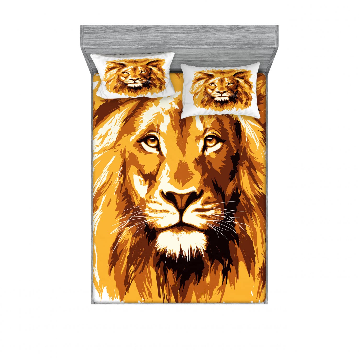 Ambesonne Africa 2-Piece King Size Fitted Sheet Set with 4 Pillow Shams - Tropical Savannah Lion Print Bedding in Orange & White | Jungle Theme Bedroom Decor for Adults & Kids