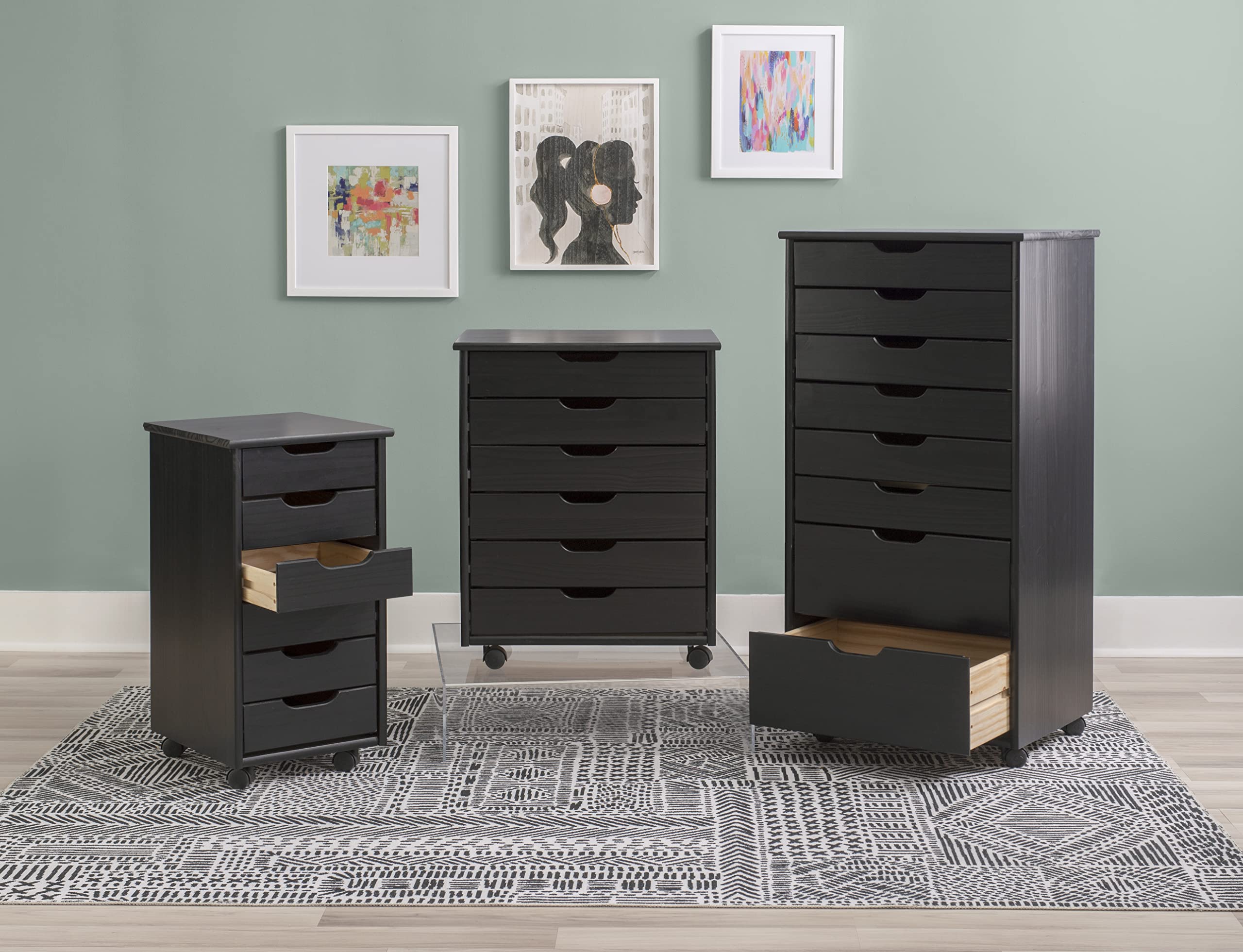 Linon Corinne Black 6-Drawer Wide Rolling Storage Cart - Perfect for Home, Office, and Craft Room Organization