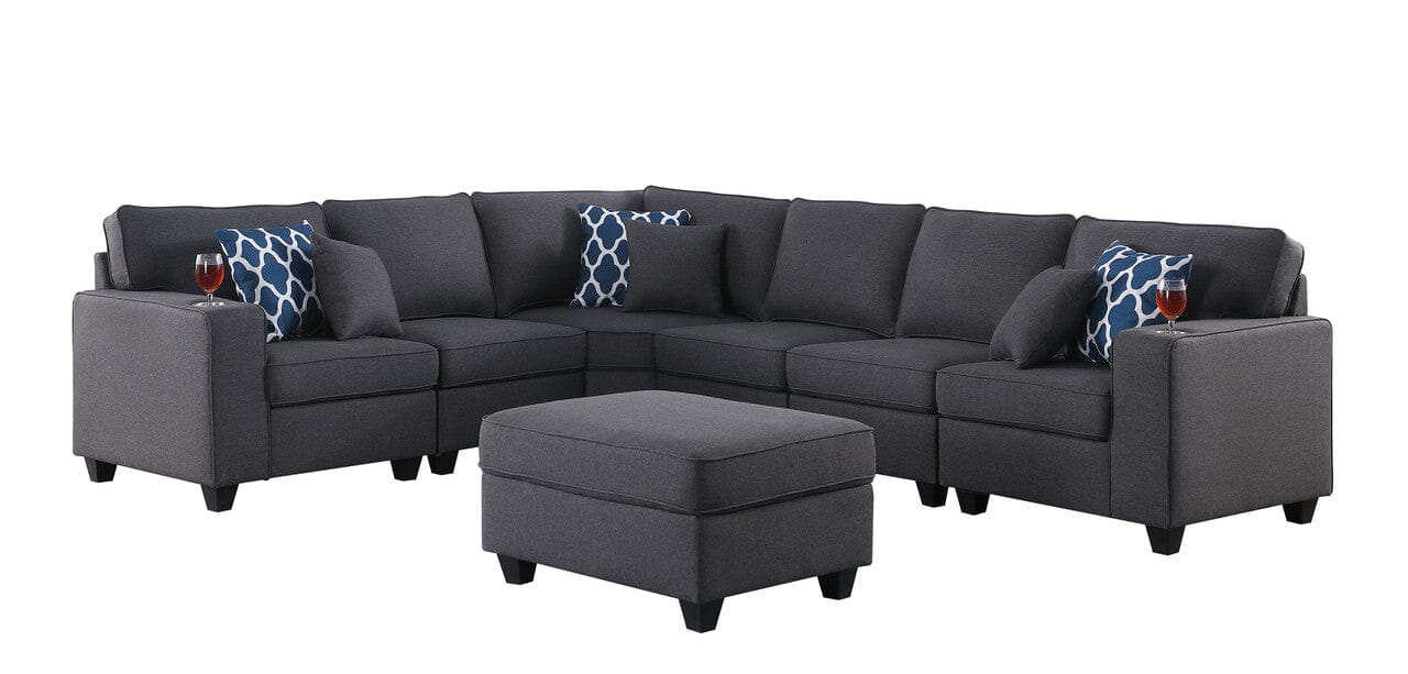 Dark Gray Linen 7-Piece Reversible L-Shaped Sectional Sofa Set with Ottoman and Cup Holders - Modern Modular Living Room Furniture for Small Spaces & Home Theater Seating