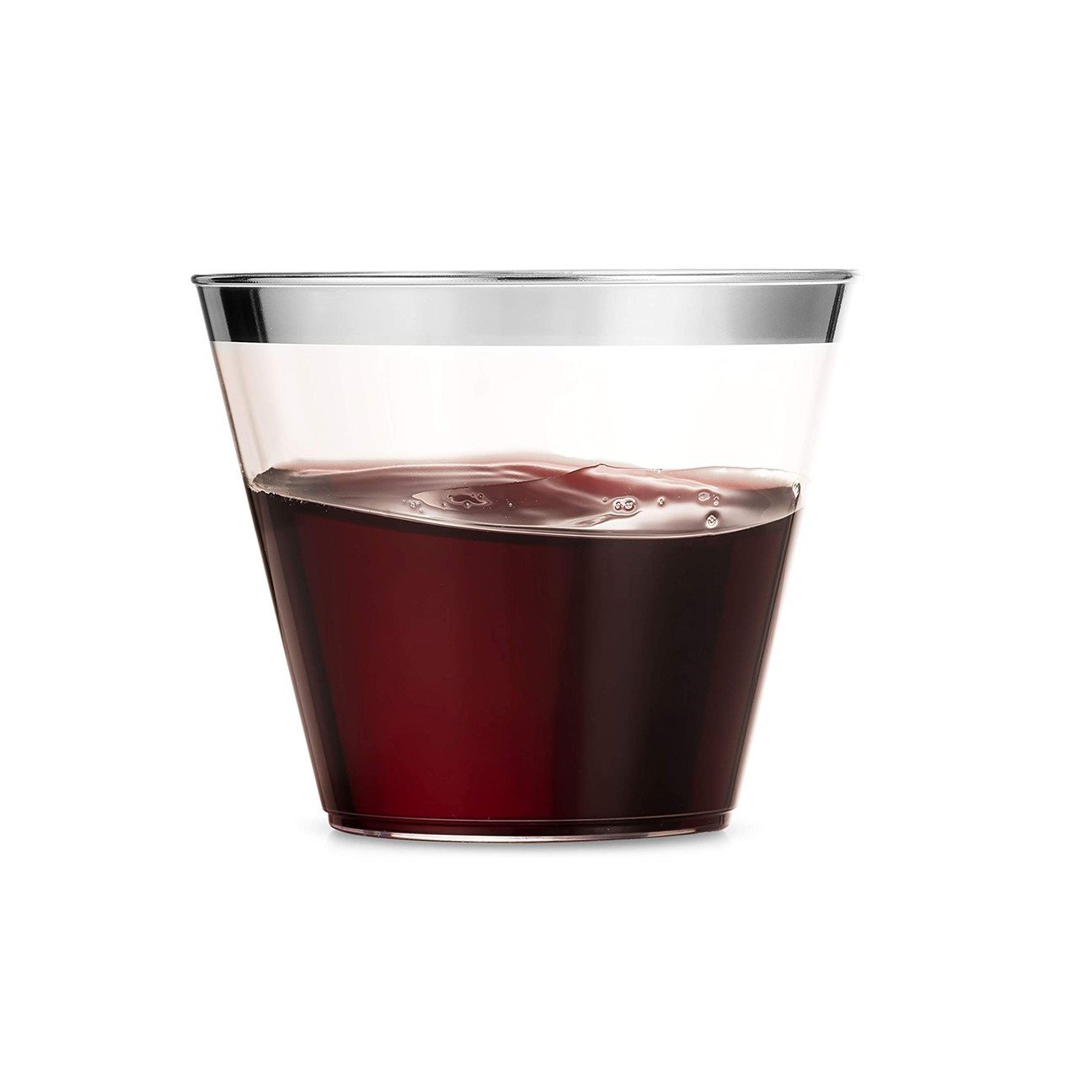 9 Oz Silver Plastic Cups - Old Fashioned Tumblers with Silver Rim - Durable Party Cups for Cocktails, Soda, Juice - Perfect for Weddings, BBQs, and Outdoor Events