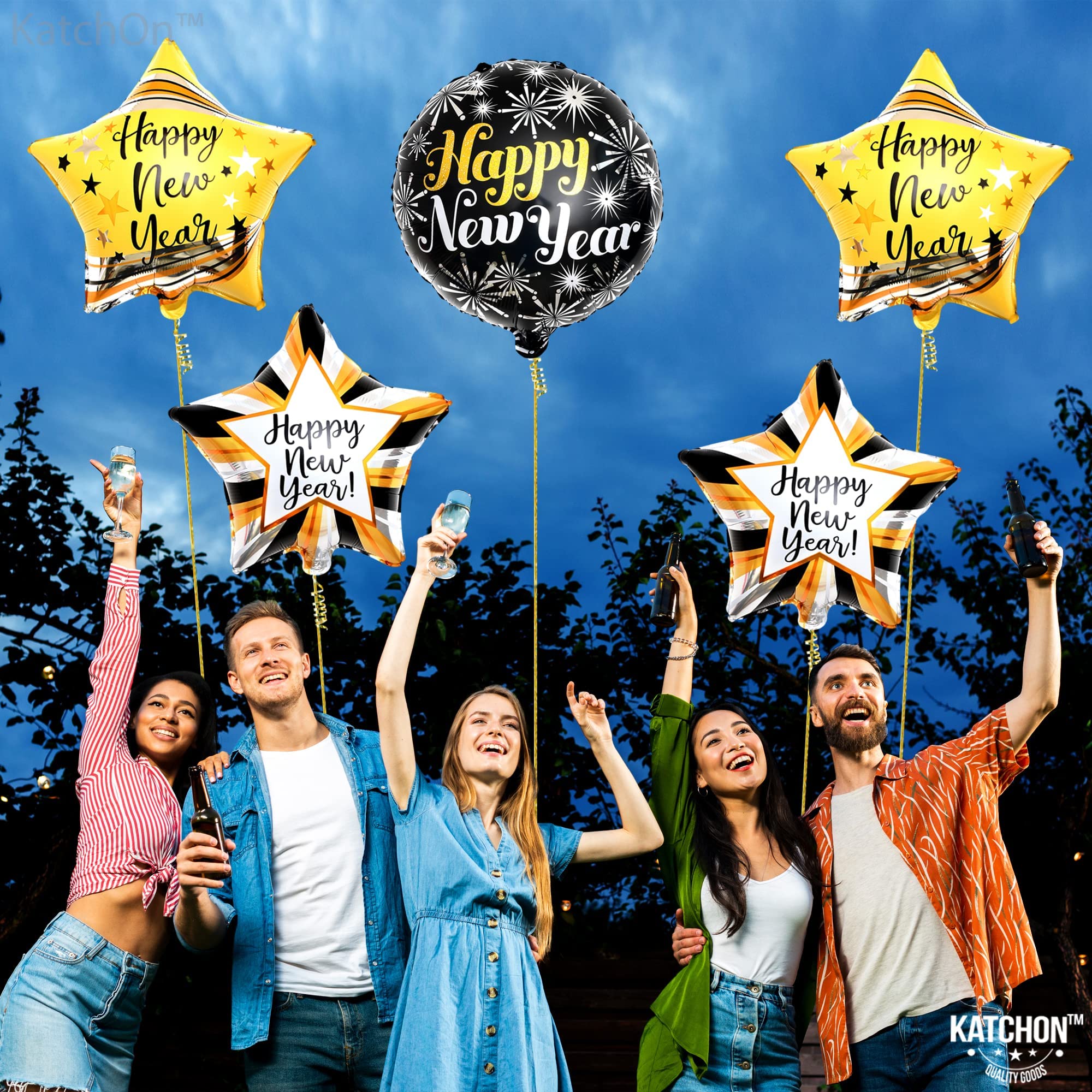KatchOn Happy New Year Balloons Set - 5 Pack | Shiny 2025 NYE Party Balloons, New Year's Eve Decorations | Foil Balloons for 2025 Celebrations | Perfect for Home, Office & New Year's Eve Party Decorations