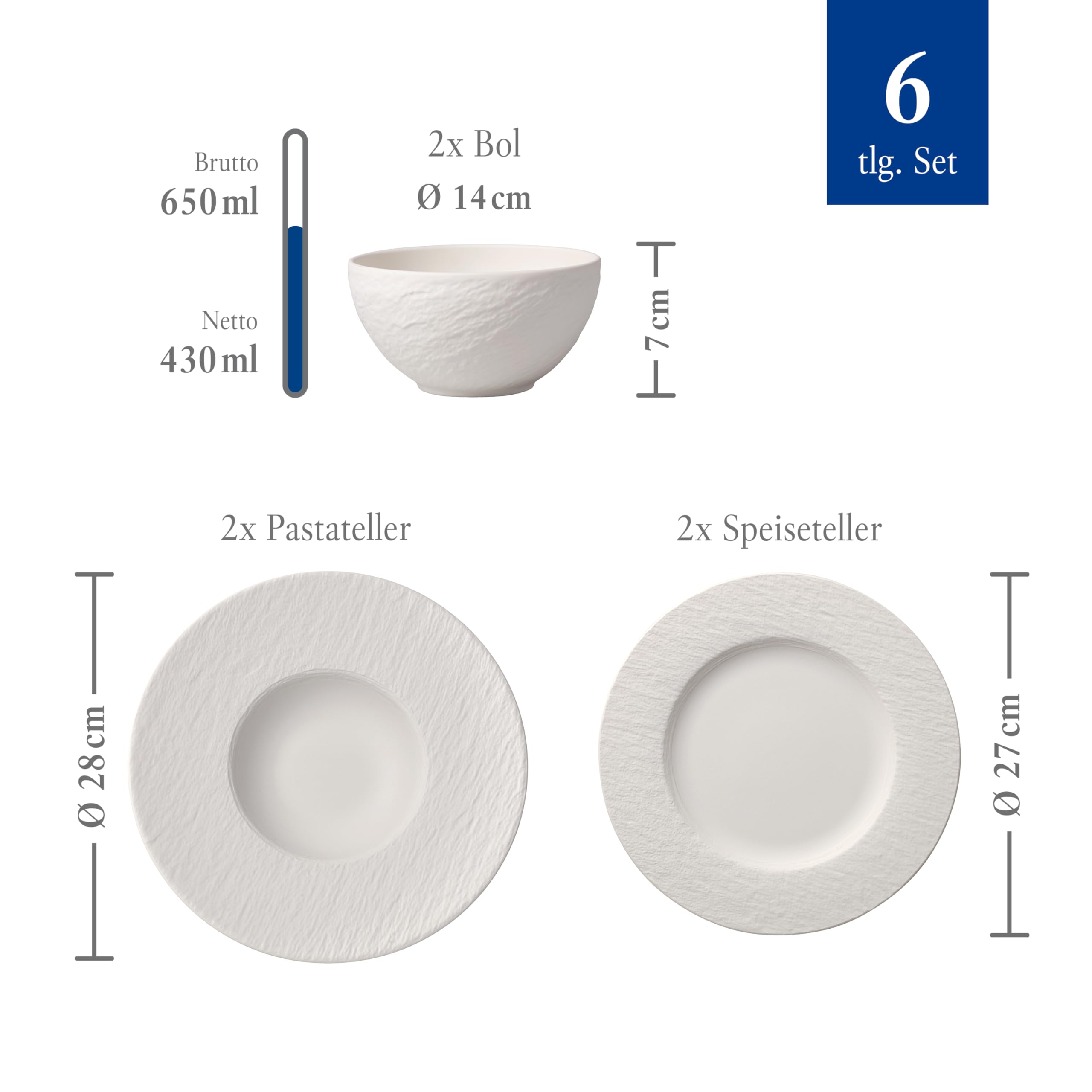 Villeroy & Boch Manufacture Rock Blanc 6-Piece Porcelain Dinnerware Set - Premium White Tableware for Everyday Dining & Entertaining