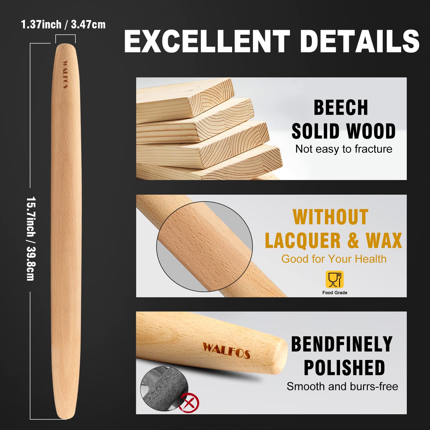 Premium WALFOS French Rolling Pin & Non-Stick Silicone Baking Mat Set - 15.7 Inch Beechwood Pastry Roller & Dough Mat for Perfect Pie Crust, Cookies, Pasta & Pizza | Ideal for Home Baking, Holiday Cooking & Professional Kitchen Use