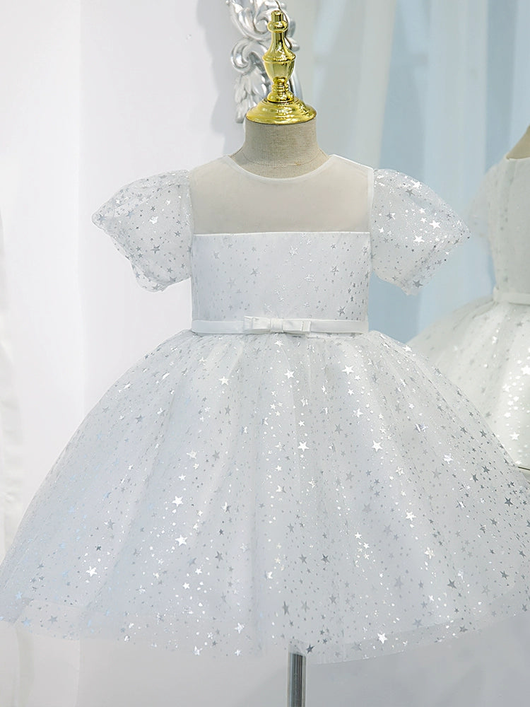 White Princess Round Tea Length Organza Flower Girl Dress - Perfect for Weddings, Bridal Showers & Special Occasions