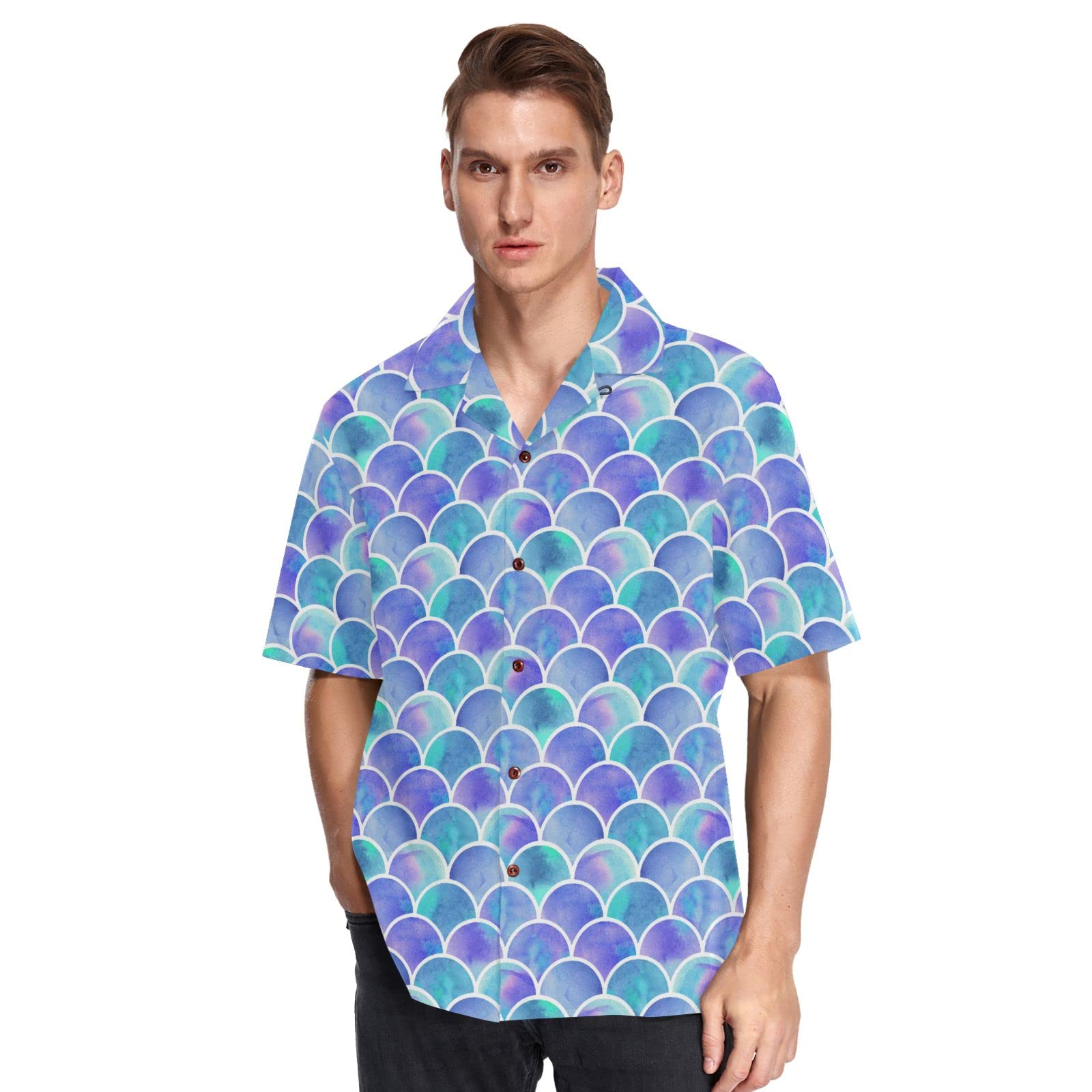 ALAZA Men's Mermaid Scale Quick Dry Hawaiian Shirt - Lightweight Breathable Beach Shirt for Summer Vacation, Pool Party & Tropical Getaway