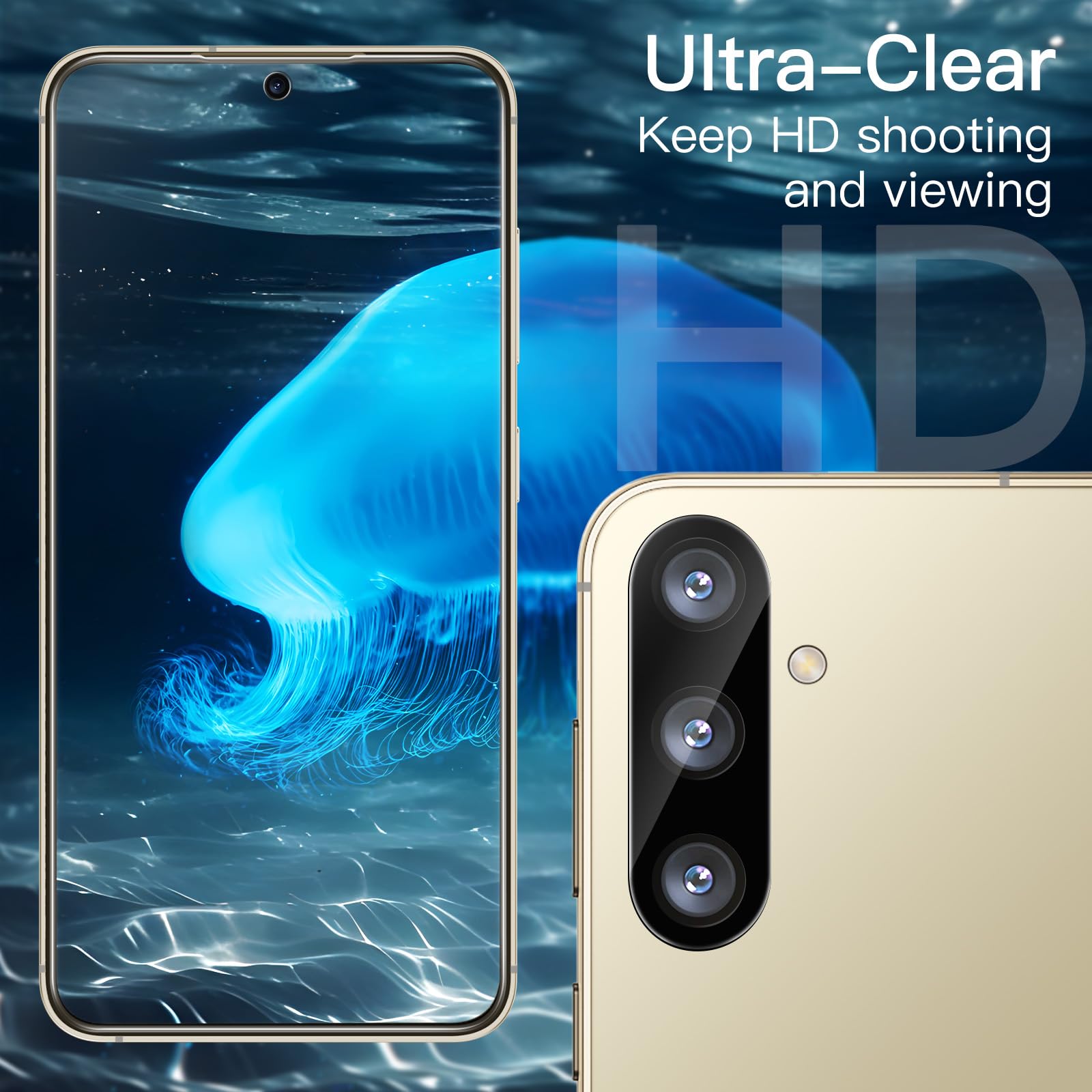 JETech 5-in-1 Matte Case for Samsung Galaxy S24+ / S24 Plus 5G - 2-Pack Tempered Glass Screen Protector & Camera Lens Protector, Translucent Back Protective Phone Cover (Gold) | Slim Shockproof Design for Everyday Use, Work & Travel