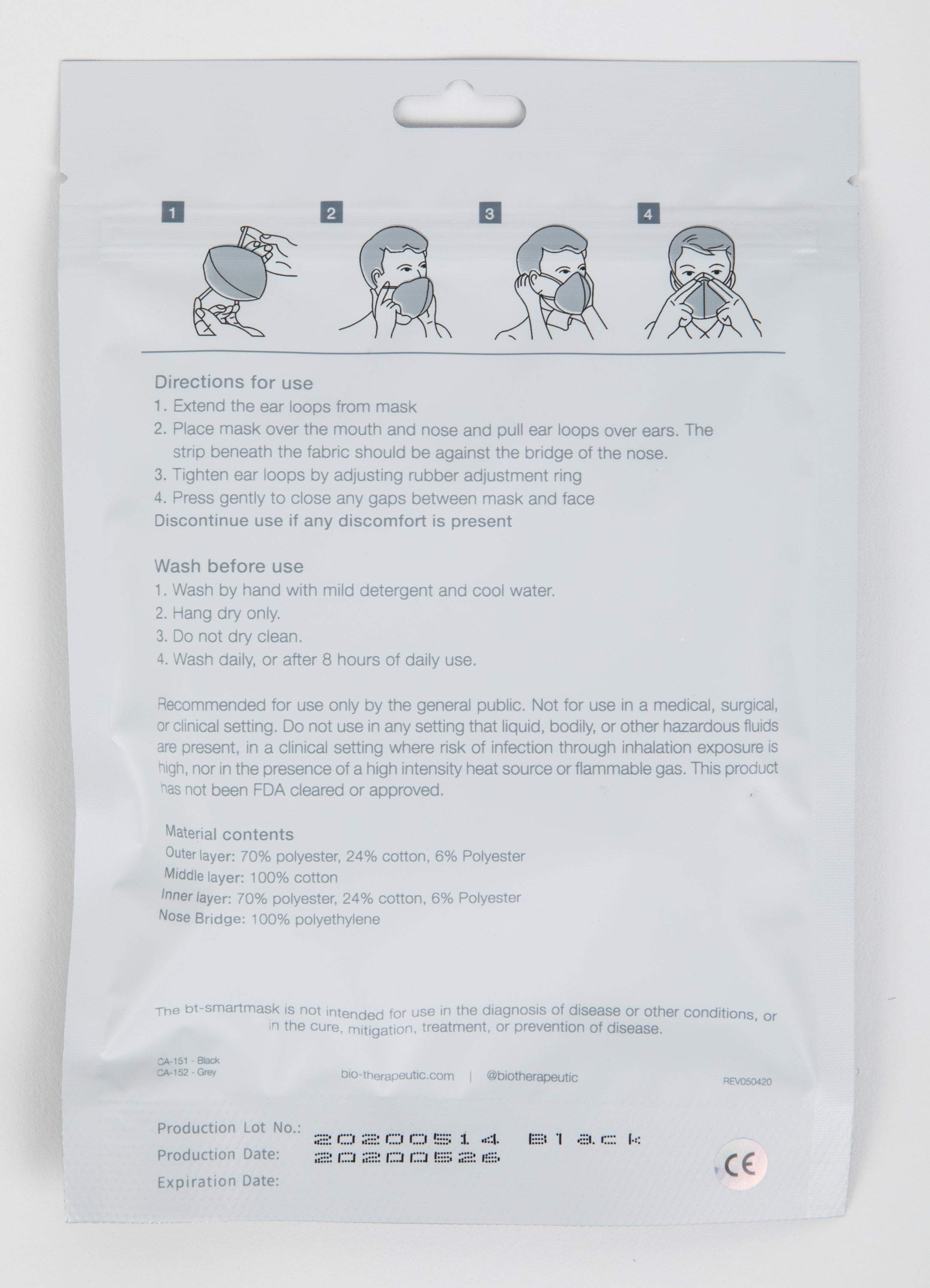 Bio Therapeutic BT SmartMask - 3 Layer Reusable Face Covering for Daily Protection, Travel & Outdoor Activities