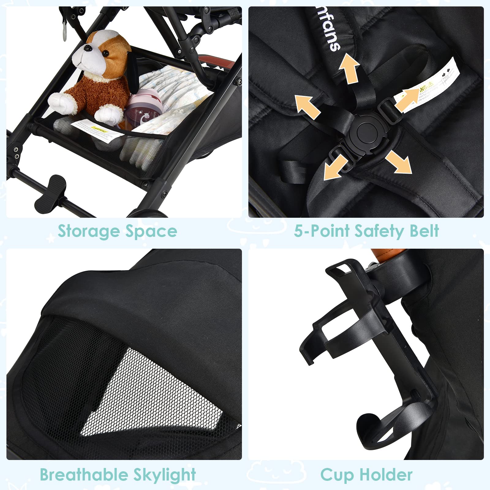 INFANS Lightweight Baby Stroller - Compact Travel Stroller with One-Hand Fold, Cup Holder, 5-Point Safety Harness & Adjustable Canopy for Infants 0-36 Months | Perfect for Airplane Travel, Shopping & Daily Walks