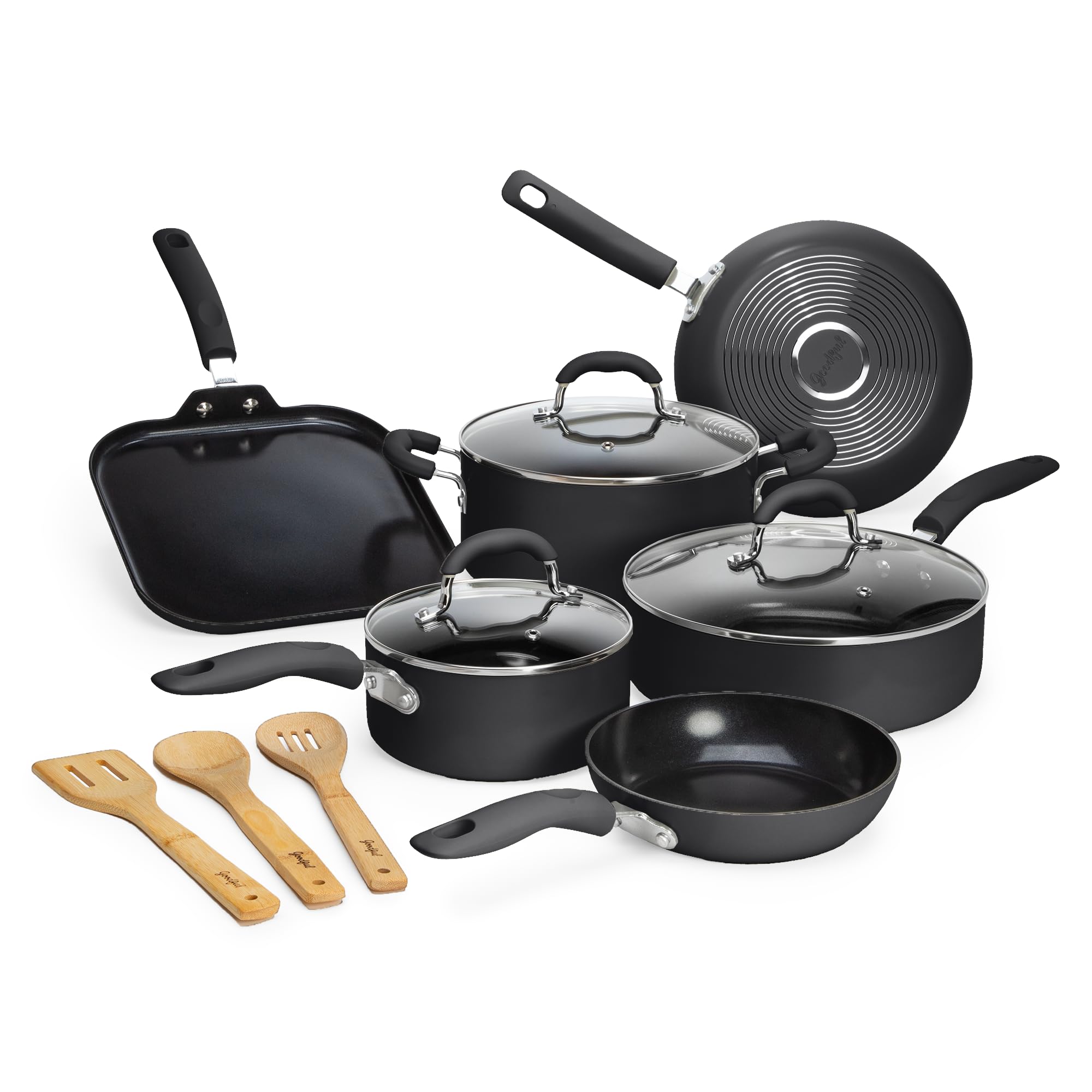 Premium Goodful Ceramic Nonstick Cookware Set - 12-Piece PFOA-Free Pots & Pans with Eco-Friendly Coating | Dishwasher Safe, Charcoal Gray | Perfect for Home Cooking, Professional Kitchens & Healthy Meal Prep