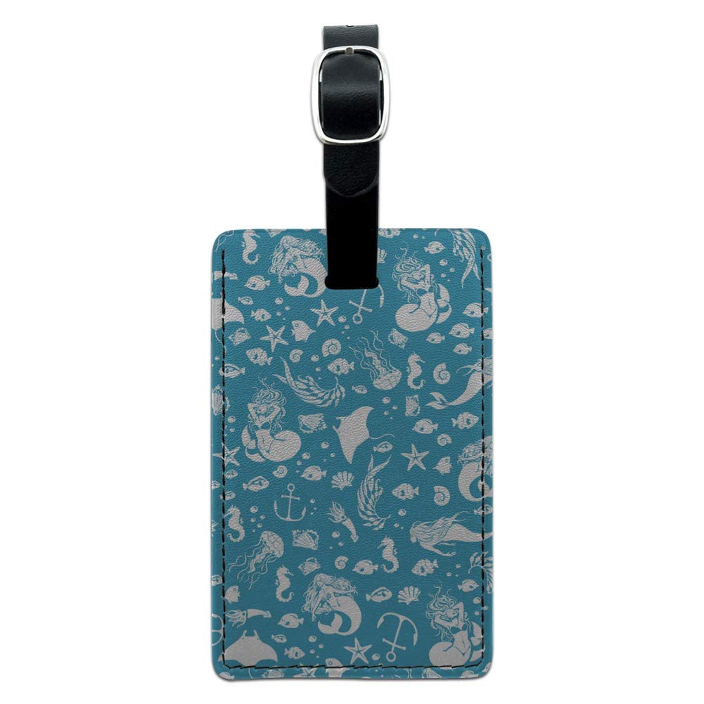 Blue Mermaid Pattern Seashells Fish Rectangle Leather Luggage Tag - Stylish Travel ID Card Holder for Suitcases, Bags & Backpacks - Perfect for Vacations, Cruises & Beach Trips