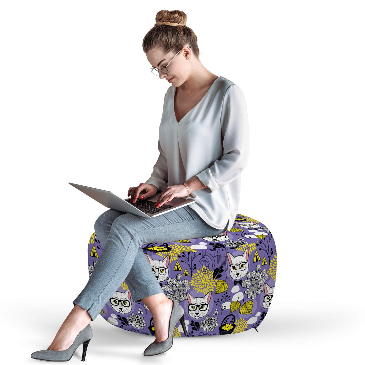 Ambesonne Pop Art Smart Cats Pouf Cover - Purple & Yellow Abstract Design with Autumn Leaves & Cameras, Soft Decorative Fabric Zippered Unstuffed Case (30