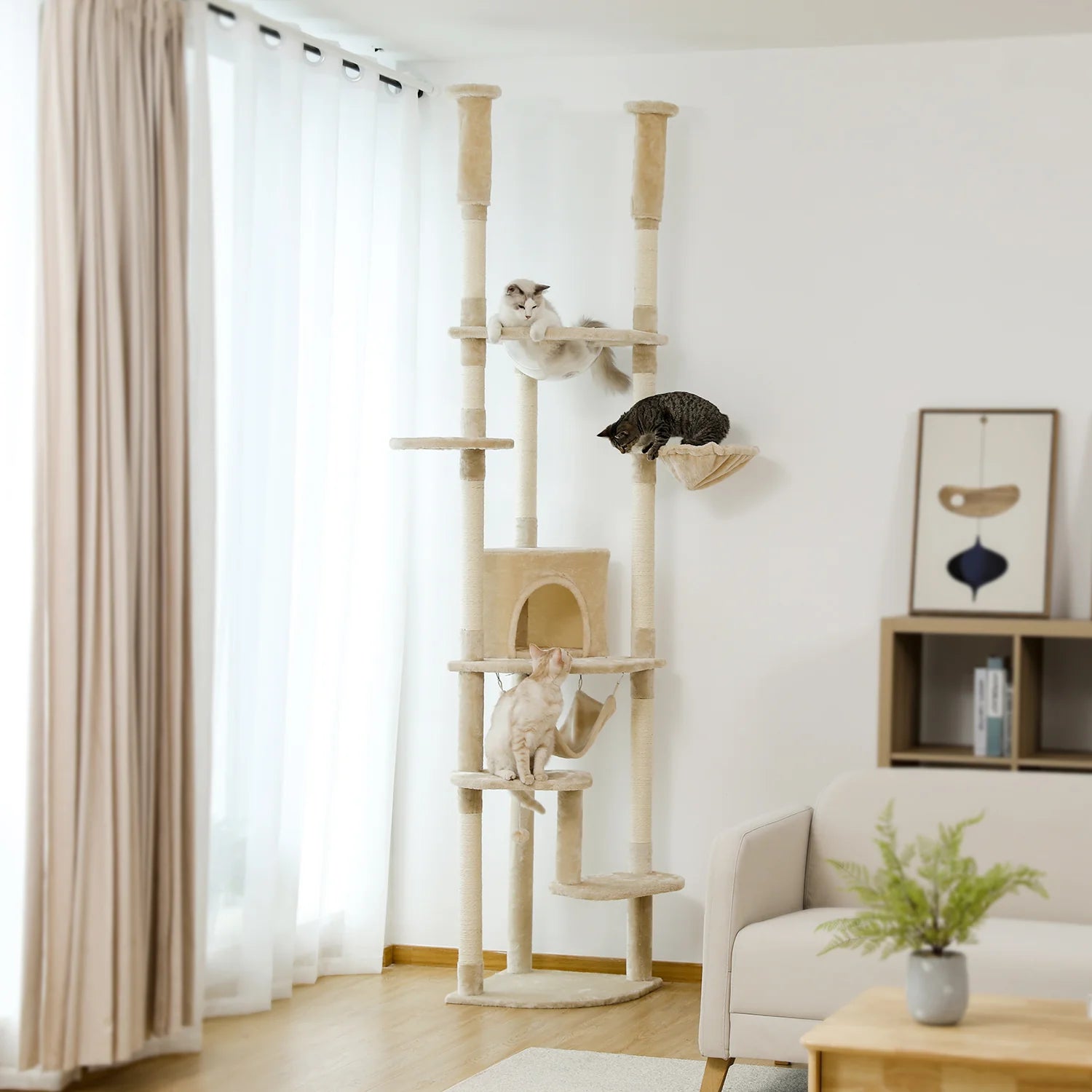 Adjustable Floor to Ceiling Cat Tree with Scratching Posts & Perches - Beige Cat Condo Bed for Indoor Cats - Perfect for Small Spaces & Apartments