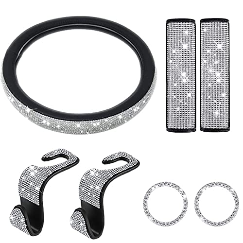 6 Pack Bling Crystal Car Steering Wheel Cover Set - Includes Steering Wheel Cover, 2 Seat Hooks, 2 Shoulder Pads & Emblem Stickers | Sparkling Car Accessories for Women & Girls | Perfect for Daily Commute, Road Trips & Car Decor