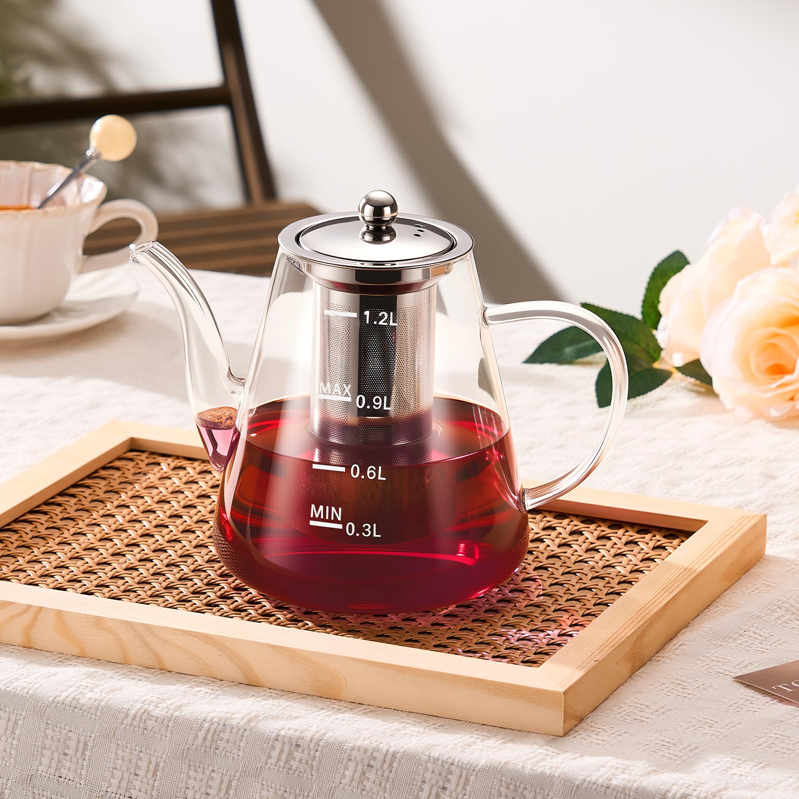 Premium Borosilicate Glass Teapot with Removable Stainless Steel Infuser - 41oz/1200ml Clear Stovetop Tea Kettle with Measurement Scale - Perfect for Blooming, Loose Leaf & Herbal Tea Brewing - Ideal for Home, Office, Camping & Outdoor Use