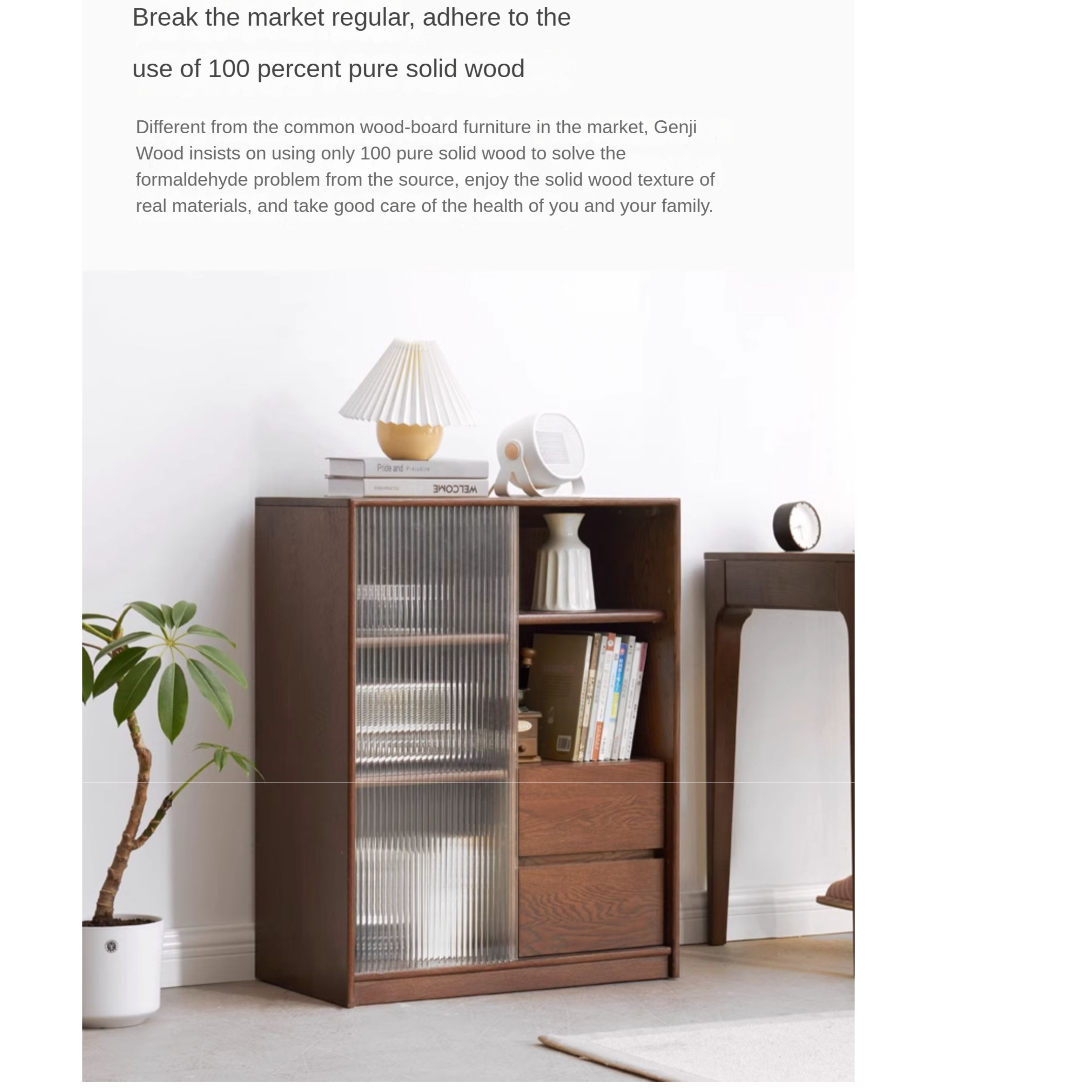 Solid Oak Wood Side Cabinet with Glass Door - Small Bookcase for Living Room, Bedroom & Office Storage