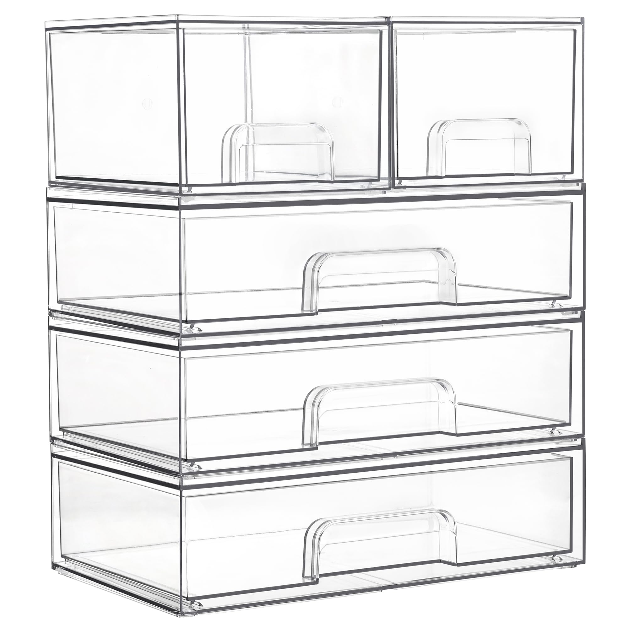 Vtopmart 5-Piece Clear Plastic Stackable Storage Drawers Set - Organizer Bins for Makeup, Cosmetics & Beauty Supplies - Perfect for Vanity, Bathroom, Cabinet & Pantry Organization - Ideal for Home, Office & Salon Storage Solutions