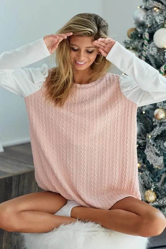 Bibi Cable Knit Sweater Top with Contrast Puff Sleeves in Light Rose | Women's Casual Pullover for Fall & Winter | Perfect for Office, Dates & Holiday Outfits