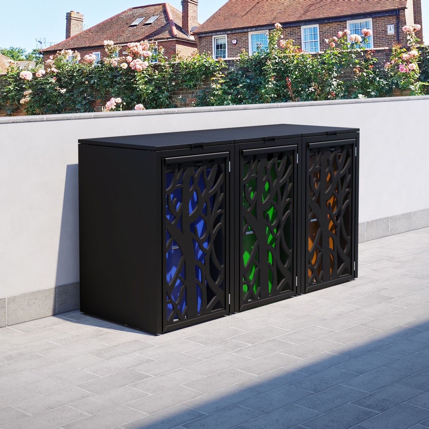 Black 3-Bin Storage Organizer with Twilight Door Screen - Perfect for Pantry, Garage, and Laundry Room Organization