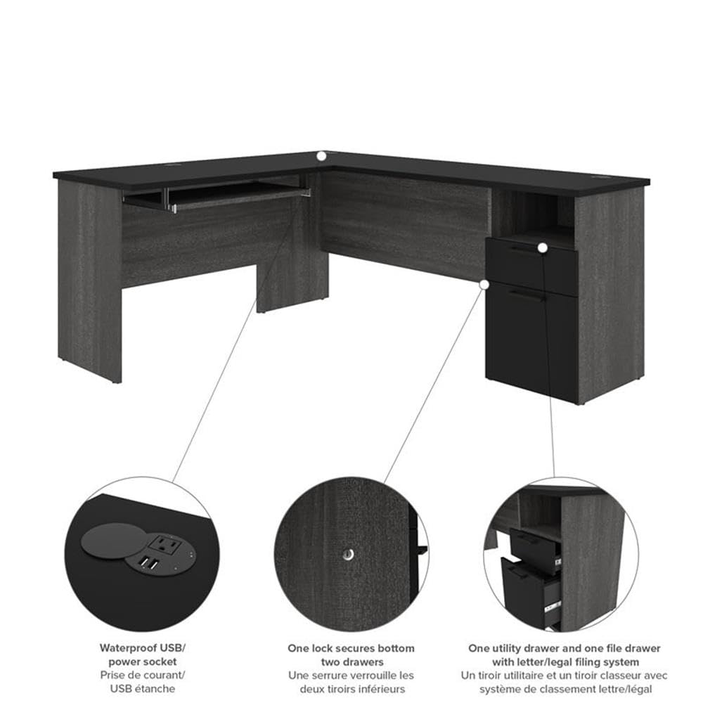 Pemberly Row Traditional L-Shaped Computer Desk in Black & Bark Gray - Home Office, Gaming, Study & Workspace Solution