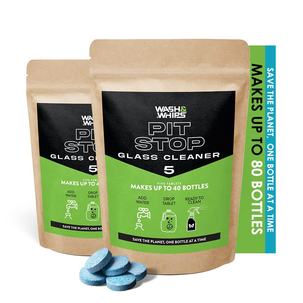 WASH&WHIPS Effervescent Window & Glass Cleaner Tablets - 10 Count Makes 10 Gallons (40L) | Streak-Free Cleaning for Windows, Mirrors, Windshields | Car, Home & Office Use | Perfect for Kitchen Glassware, Storefronts & Auto Detailing