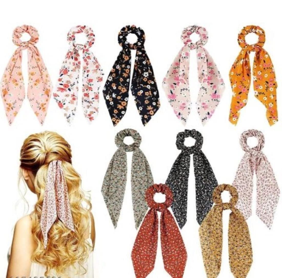 Printed Hair Scrunchies for Women & Girls - 12 Pack Multicolor Satin & Chiffon Elastic Hair Ties, Ponytail Holders & Hair Bands - Perfect for School, Work, Parties & Everyday Styling