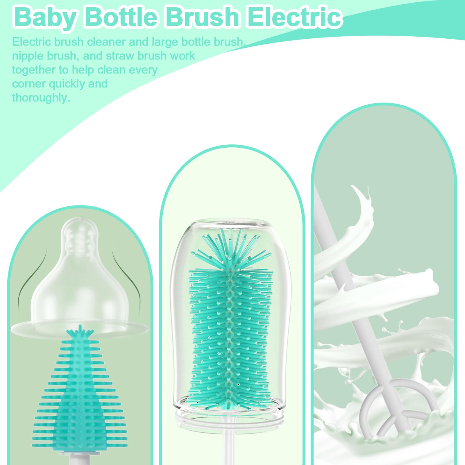 Electric Baby Bottle Brush Cleaner Kit - Automatic Rechargeable Bottle Brush with Nipple & Straw Cleaner, Electric Stirrer & Drying Rack - Waterproof Travel Cleaning Set for Infants (Green) - Perfect for Home, Travel & Daycare Use