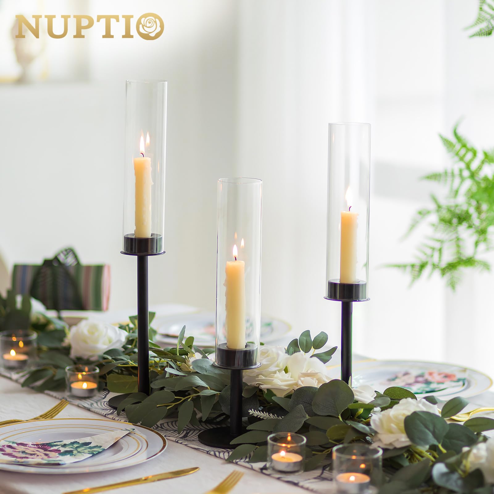 NUPTIO 18-Piece Black Hurricane Candle Holders Set with Crystal Glass Cylinder Sleeves - Metal Taper Candle Stick Holders for Christmas, Thanksgiving, Weddings & Party Centerpieces - Elegant Table Decor for Dining Room, Fireplace Mantel & Holiday Events