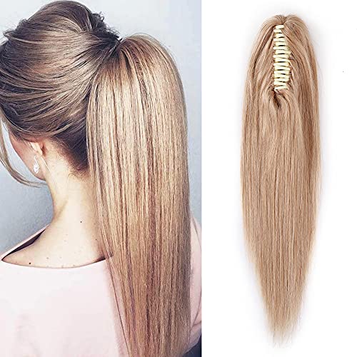 S-noilite 16inch 100% Real Human Hair Ponytail Extension - Straight Dark Blonde Clip-in Ponytail Hairpiece for Women (105g) | Perfect for Parties, Weddings & Everyday Styling