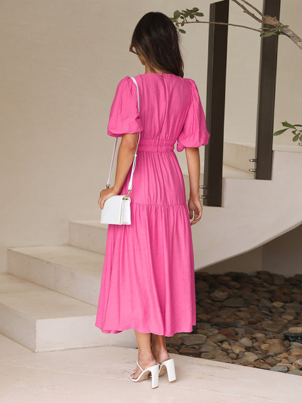 Elegant Women's Maxi Dress with Puff Sleeves - Flowy Summer Dress for Beach, Wedding & Party Occasions