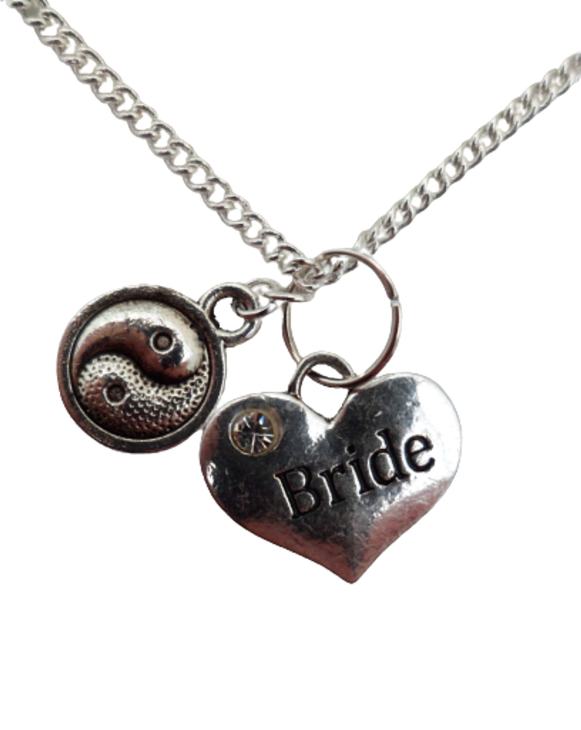 Elegant Silver Plated Necklace with Heart Gem Charm & Yin Yang Design - Perfect for Brides, Weddings, and Spiritual Jewelry Lovers