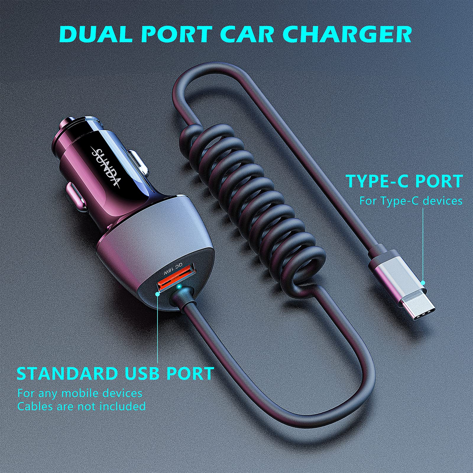 SUNDA 51W USB C Fast Car Charger with 5.9FT Type C Cable - Dual Port PPS 33W/PD 30W/QC 18W - Compatible with Samsung Galaxy S22/S21/A12/A20/A51/Note22 - Perfect for Road Trips & Daily Commute Charging