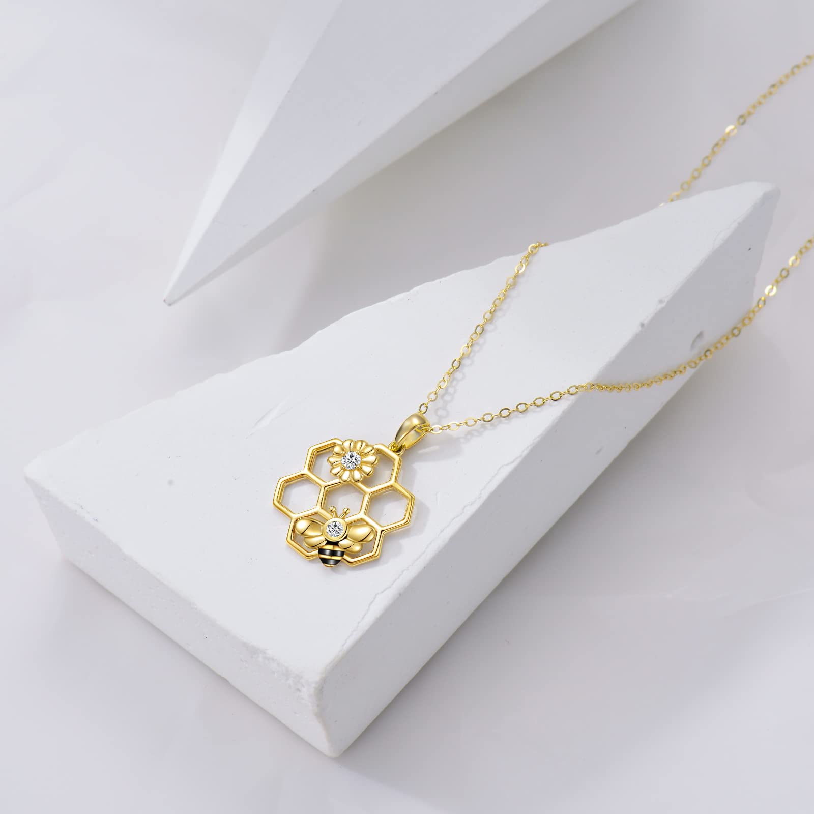 14K Yellow Gold Honey Bee Pendant Necklace for Women - Elegant Honeycomb & Heart Charm Jewelry Gift for Mom, Wife, Her | Perfect for Mother's Day, Anniversary & Romantic Occasions