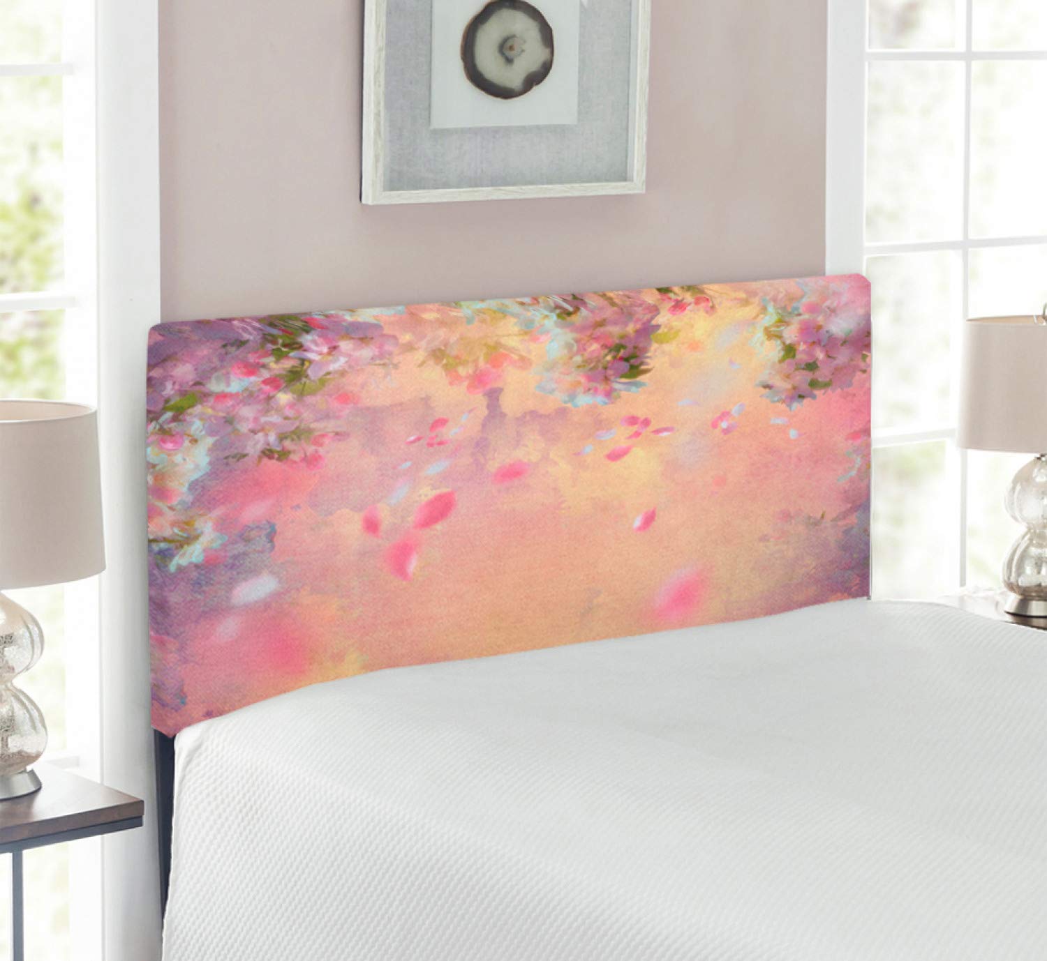 Ambesonne Nature Headboard - Abstract Japanese Spring Floral Design, Upholstered Metal Bed Frame with Memory Foam, Twin Size, Peach Lavender - Perfect for Bedroom Decor, Guest Rooms & Cozy Home Styling