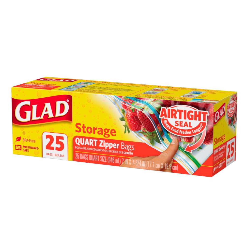 Glad Zipper Storage Bags - 25 Count Quart Size | Airtight Food Containers for Kitchen Organization, Meal Prep & Freezer Storage | Perfect for Snacks, Leftovers & Travel