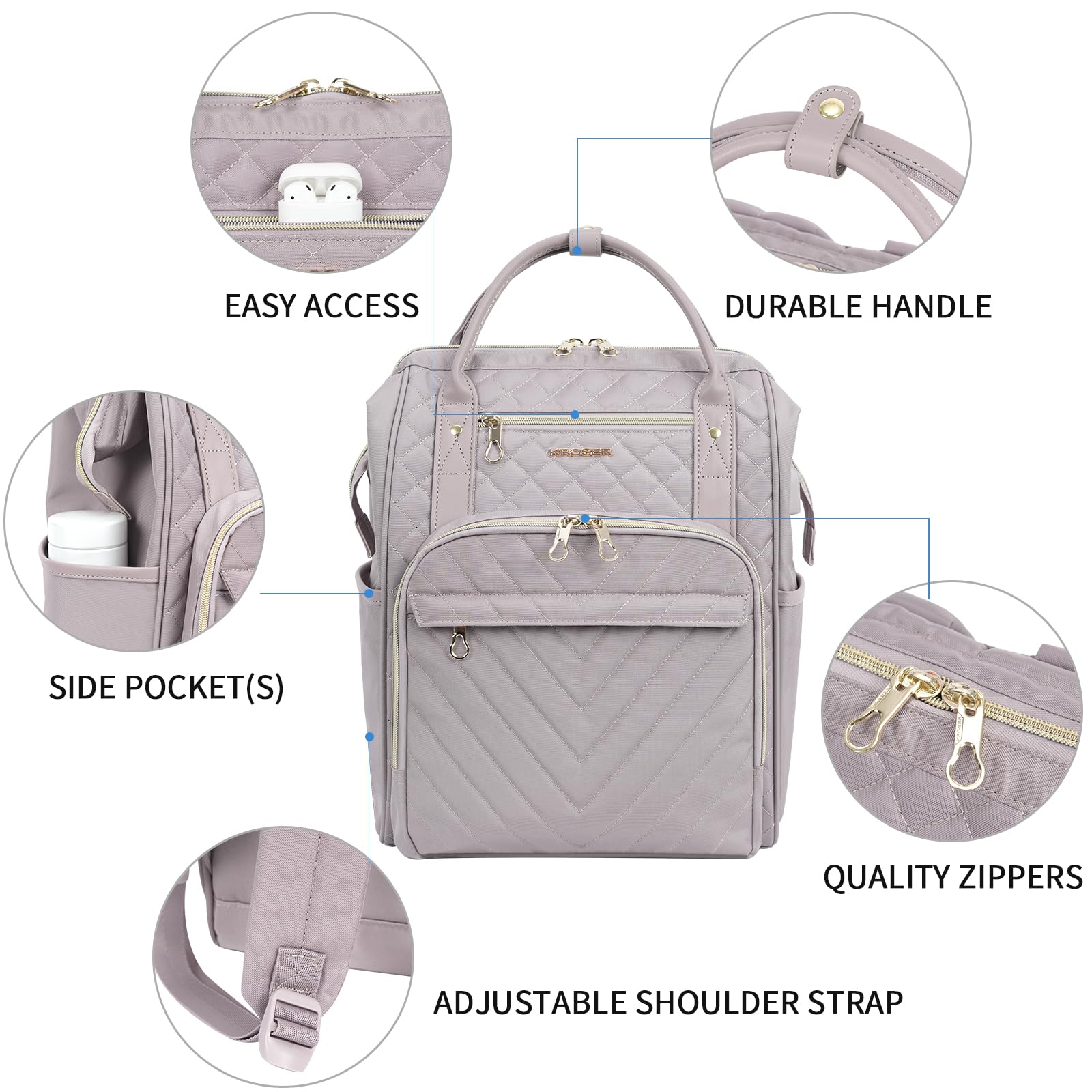 KROSER 17 Inch Laptop Backpack - Water Resistant USB Charging Port College Backpack for Men & Women, Stylish Quilted Dusty Pink Daypack - Perfect for Work, Travel, School & Business Commute