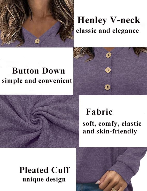 2024 Women's Winter & Fall Long Sleeve Casual T-Shirts - V-Neck Button Down Henley Blouse Tunic Tops | HOTGIFT | Perfect for Office Wear, Layering & Everyday Comfort