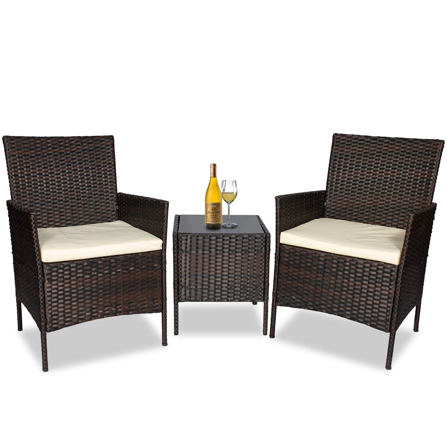 All-Weather 3-Piece Wicker Patio Furniture Set with Rattan Chairs, Glass Coffee Table & Removable Cushions - Outdoor Garden, Backyard, Porch, Balcony Seating for Relaxing & Entertaining