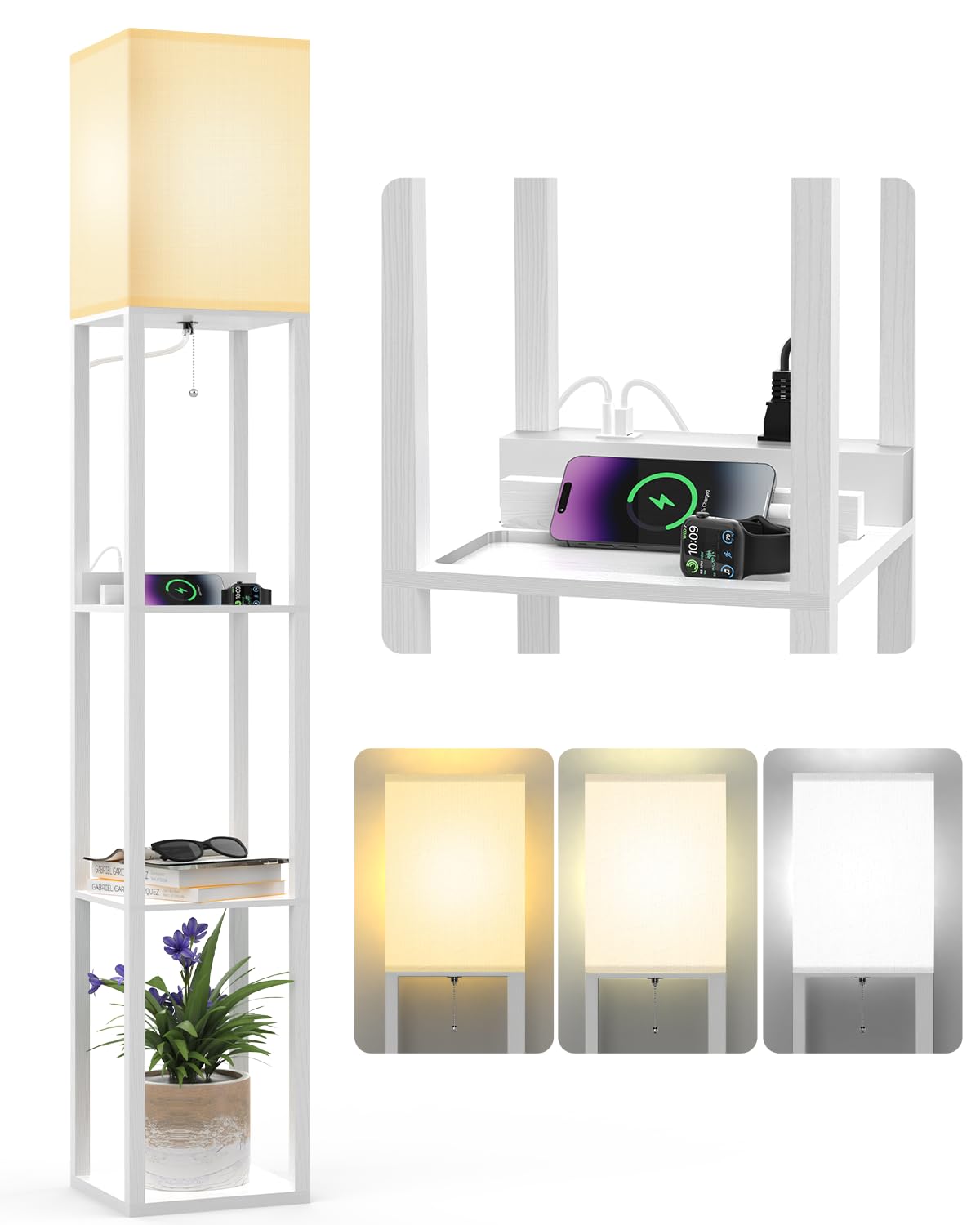 PAZZO Modern Floor Lamp with Shelves - Adjustable 3 Color Temperatures, 2 USB Charging Ports & 1 Power Outlet - Solid Wood Standing Lamp for Living Room, Bedroom, Office - Includes LED Bulb - White (Ideal for Reading, Working & Home Decor)