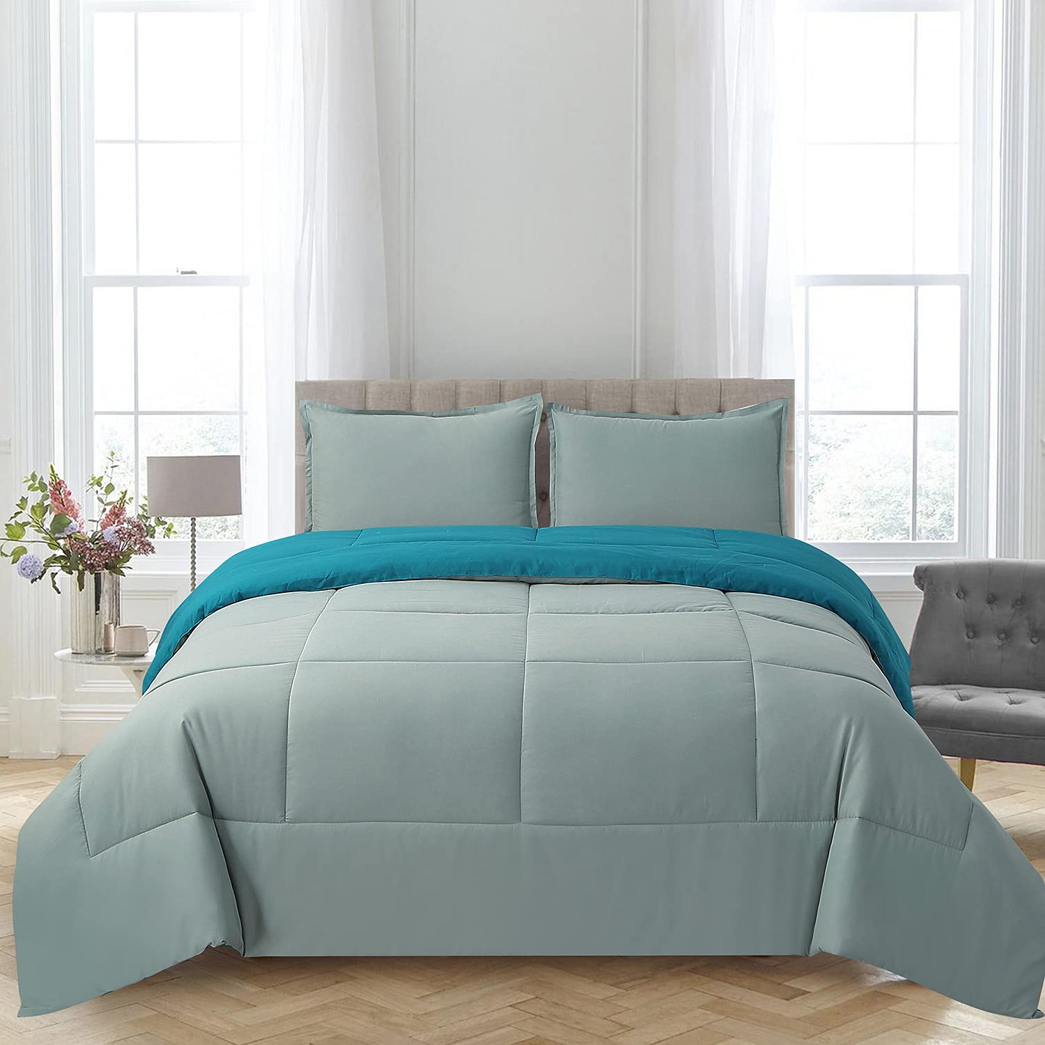 Shatex King Size Comforter Set - 3 Piece Reversible Ultra-Soft All Season Bedding with 2 Pillow Shams, Solid Sage Green - Perfect for Master Bedroom, Guest Room & Cozy Home Decor