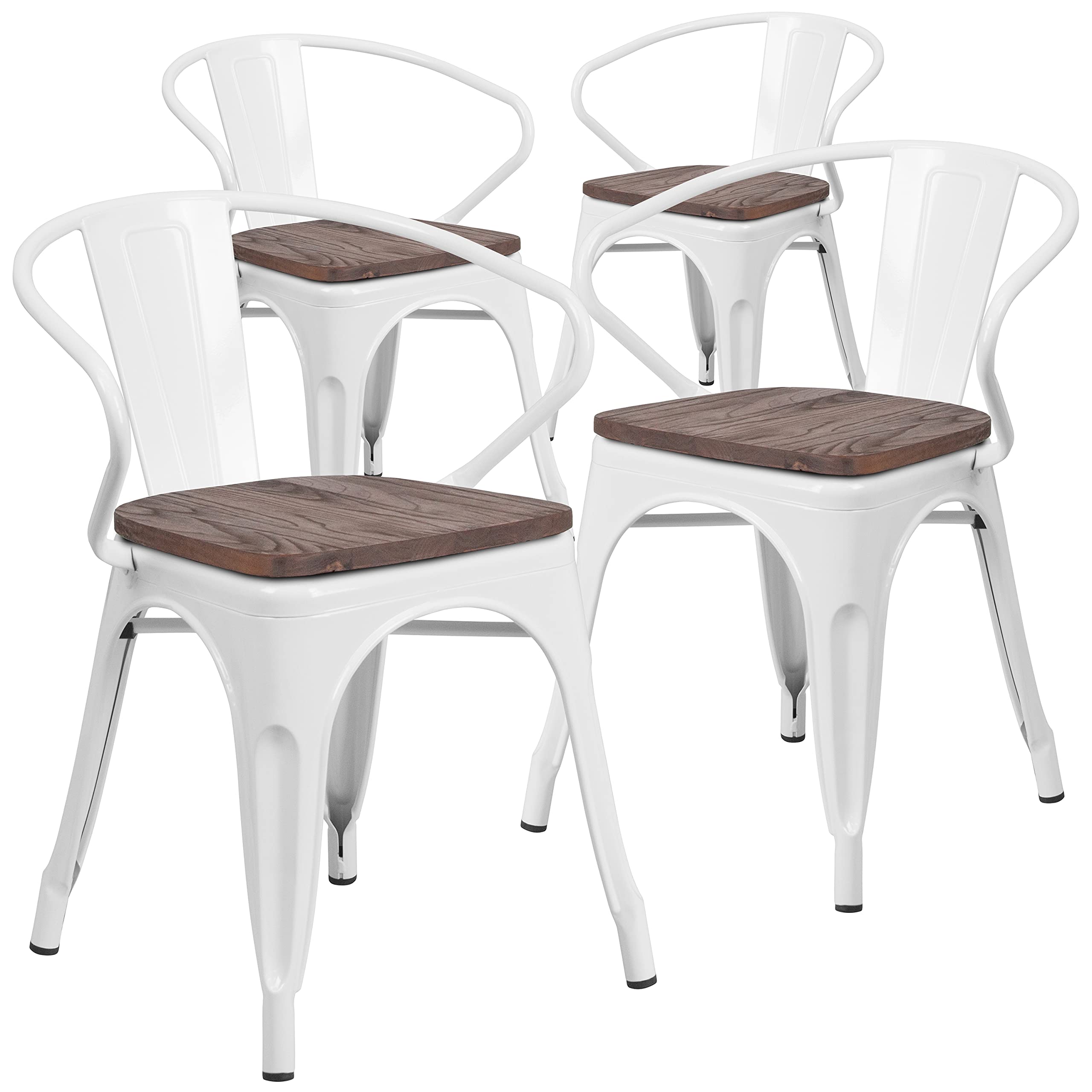 4 Pack White Metal Chairs with Wooden Seats & Arms - Durable Restaurant Furniture for Indoor & Outdoor Dining, Cafes, and Events