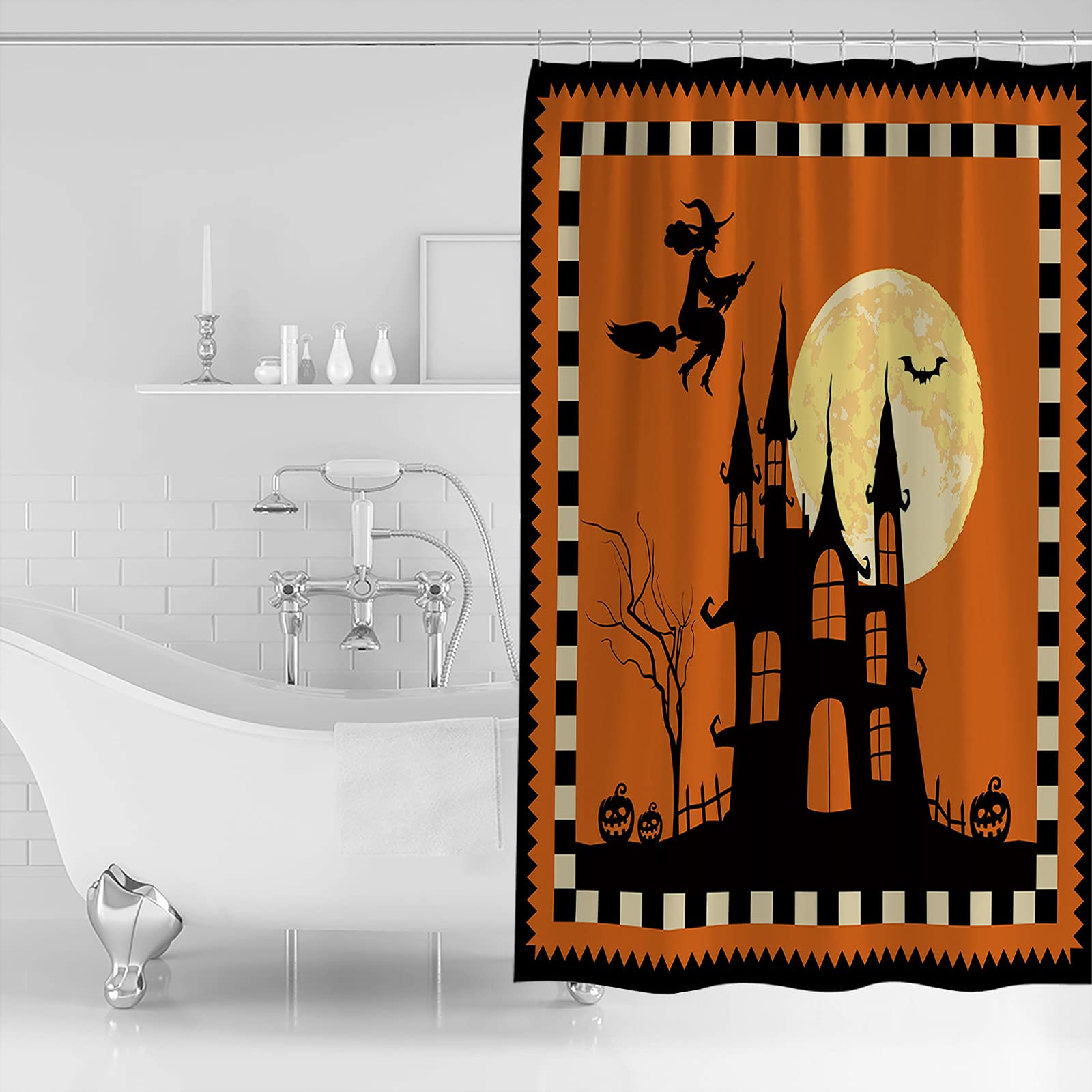 Halloween Witch Flying to Moon Haunted House Bats Fabric Shower Curtain Set with Hooks - 72x72 Inch Waterproof Bathroom Decor for Spooky Bath, Halloween Party & Gothic Home Decor