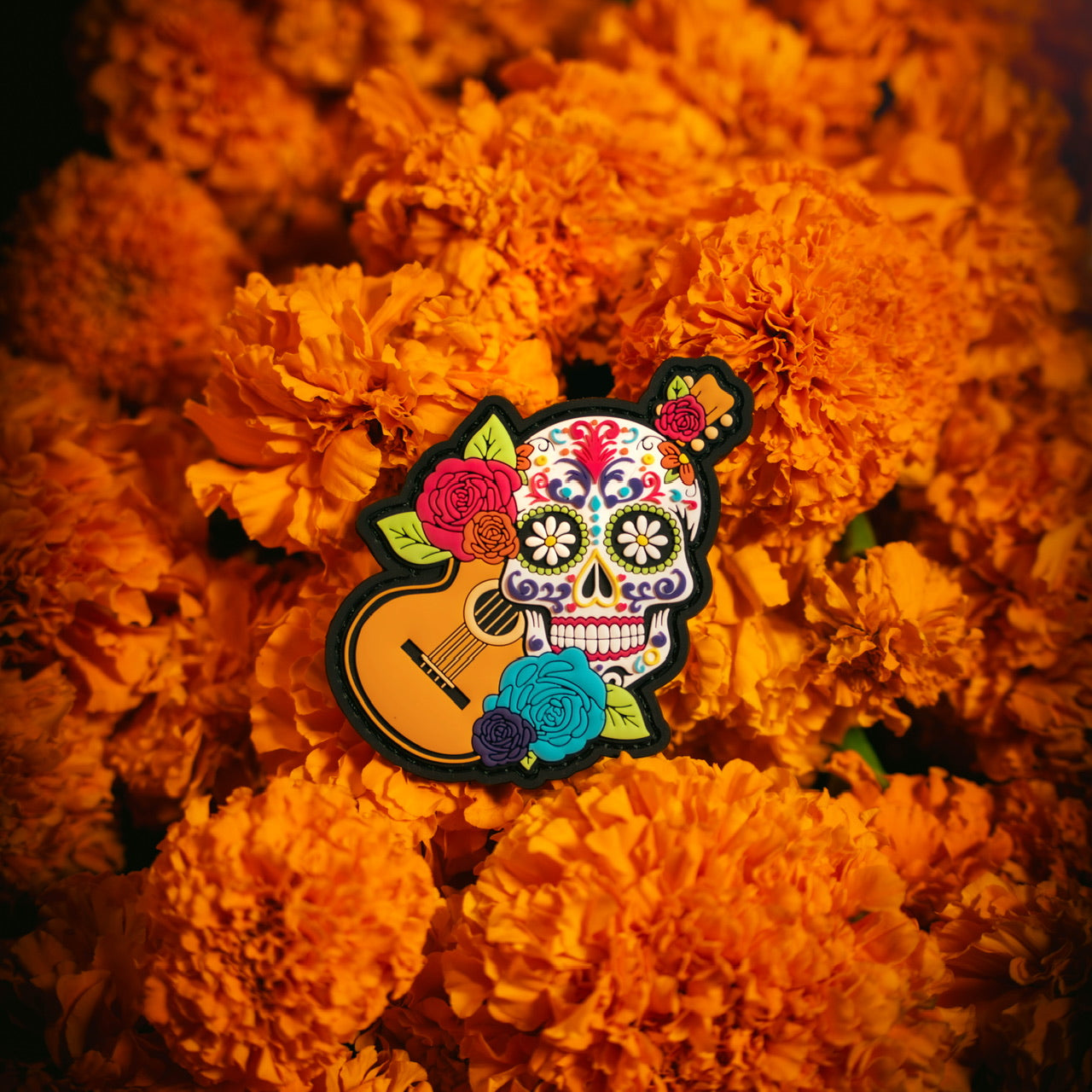 Vibrant Sugar Skull with Guitar Patch - Embroidered Iron-On Applique for DIY Clothing, Bags & Costumes - Perfect for Halloween, Day of the Dead & Rock Music Fans