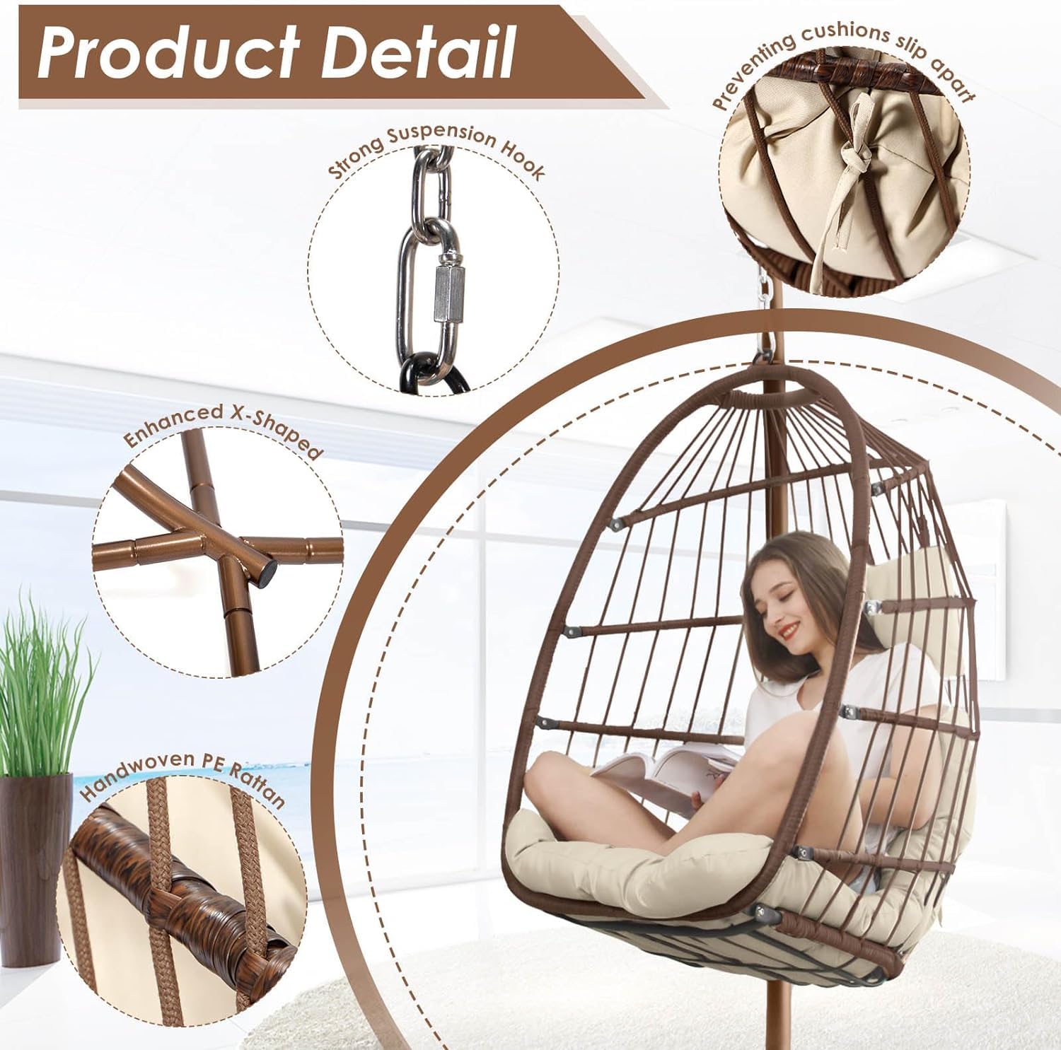 **NICESOUL Indoor/Outdoor Swing Egg Chair - Patio Wicker Hanging Chair with Stand, All-Weather Egg Hammock with Cushions, 350lb Capacity - Perfect for Backyard, Balcony, or Garden Relaxation (Brown)**