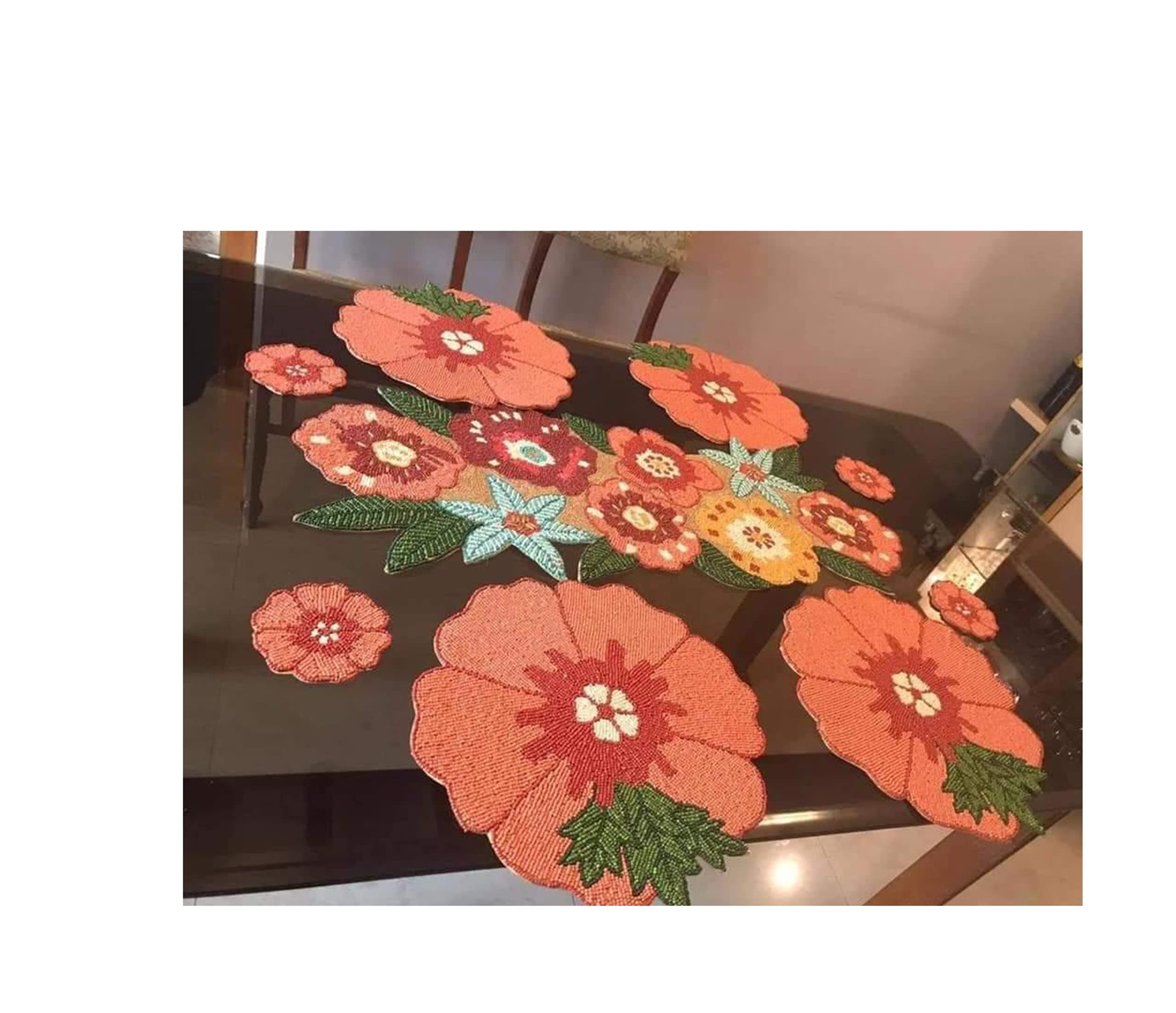 Handmade Beaded Dining Set - 5 Piece Table Runner & 4 Placemats - Boho Kitchen Decor for Farmhouse, Rustic & Modern Dining Rooms - Perfect for Dinner Parties, Holiday Gatherings & Home Styling