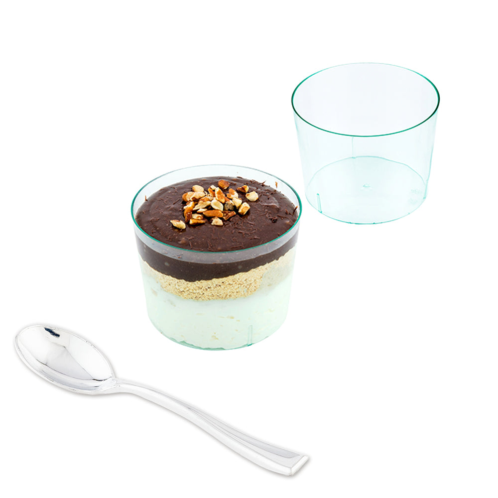 100 Pack 6 oz Round Seagreen Plastic Cups with 100 Silver Mini Spoons - Perfect for Parties, Events, and Home Use