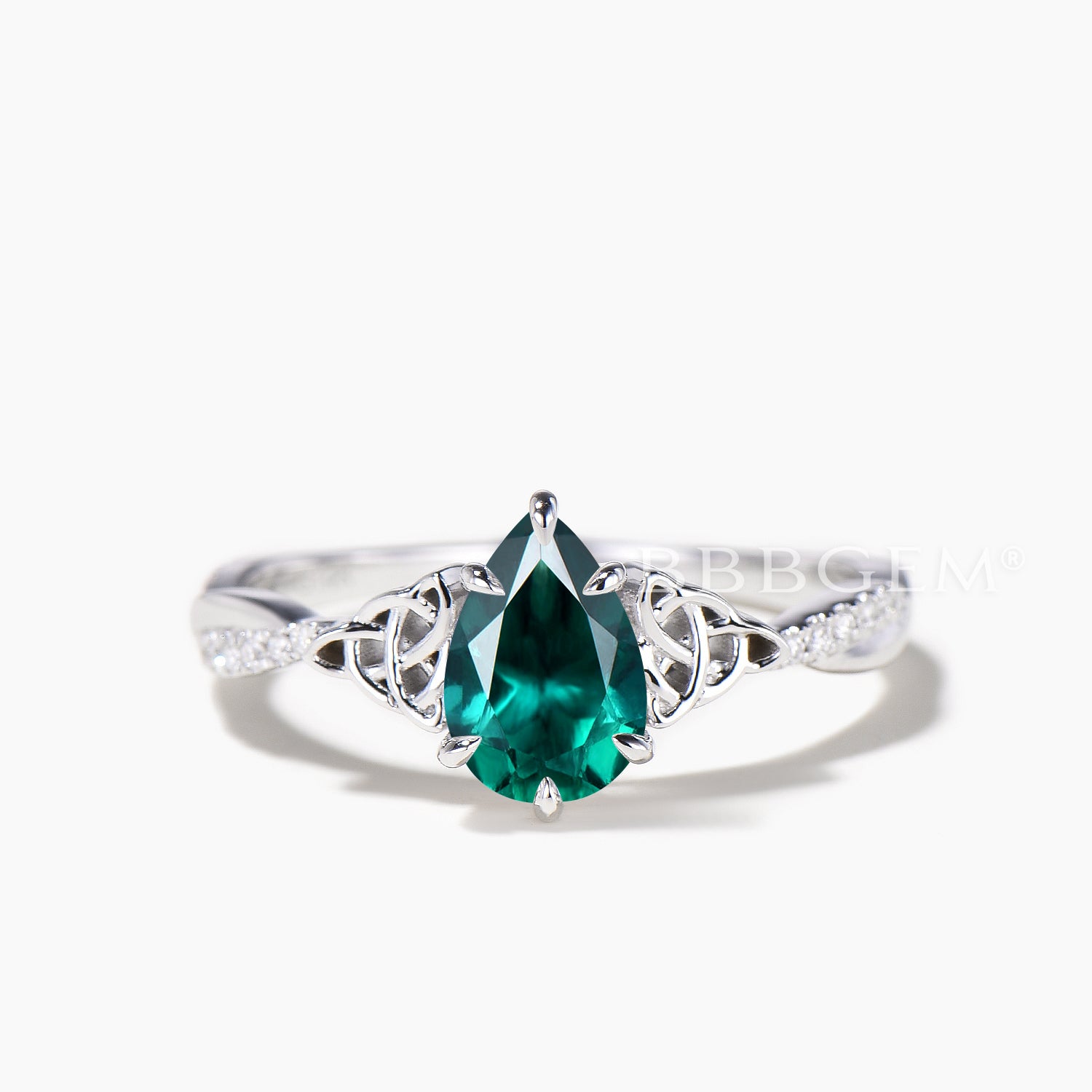 Emerald Celtic Knot Engagement Ring with Teardrop Cut & Diamond Accents - Elegant Twisted Wedding Band for Women, Perfect for Proposals, Anniversaries, and Special Occasions